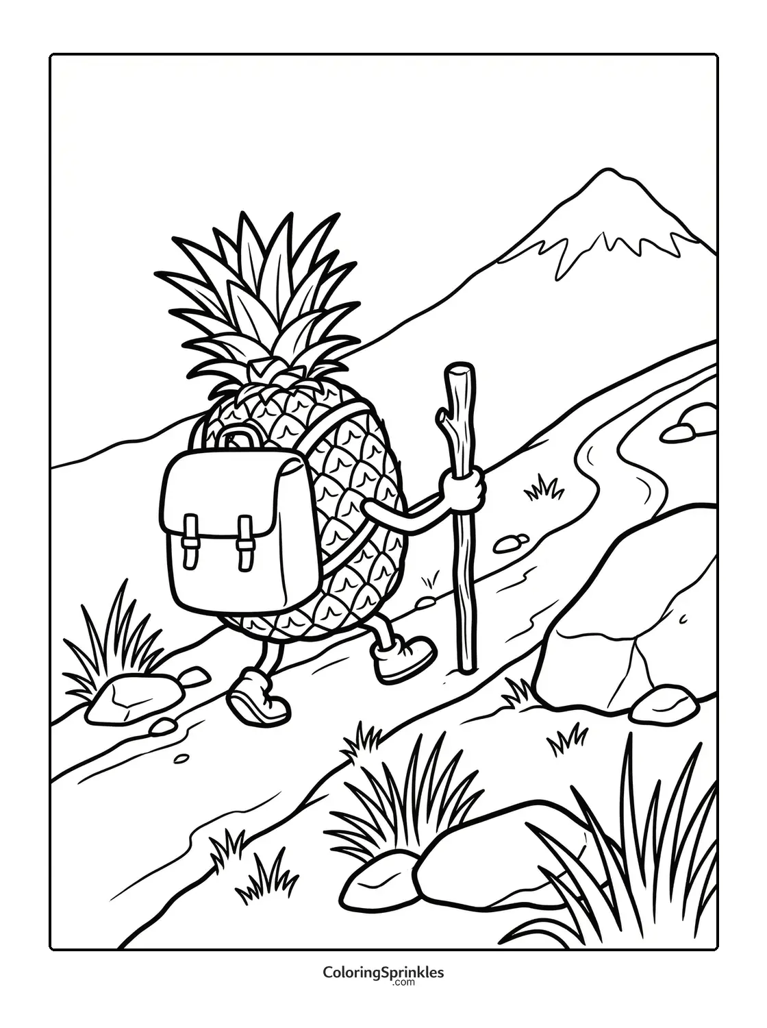 Coloring page of a pineapple hiking with a backpack on a mountain trail