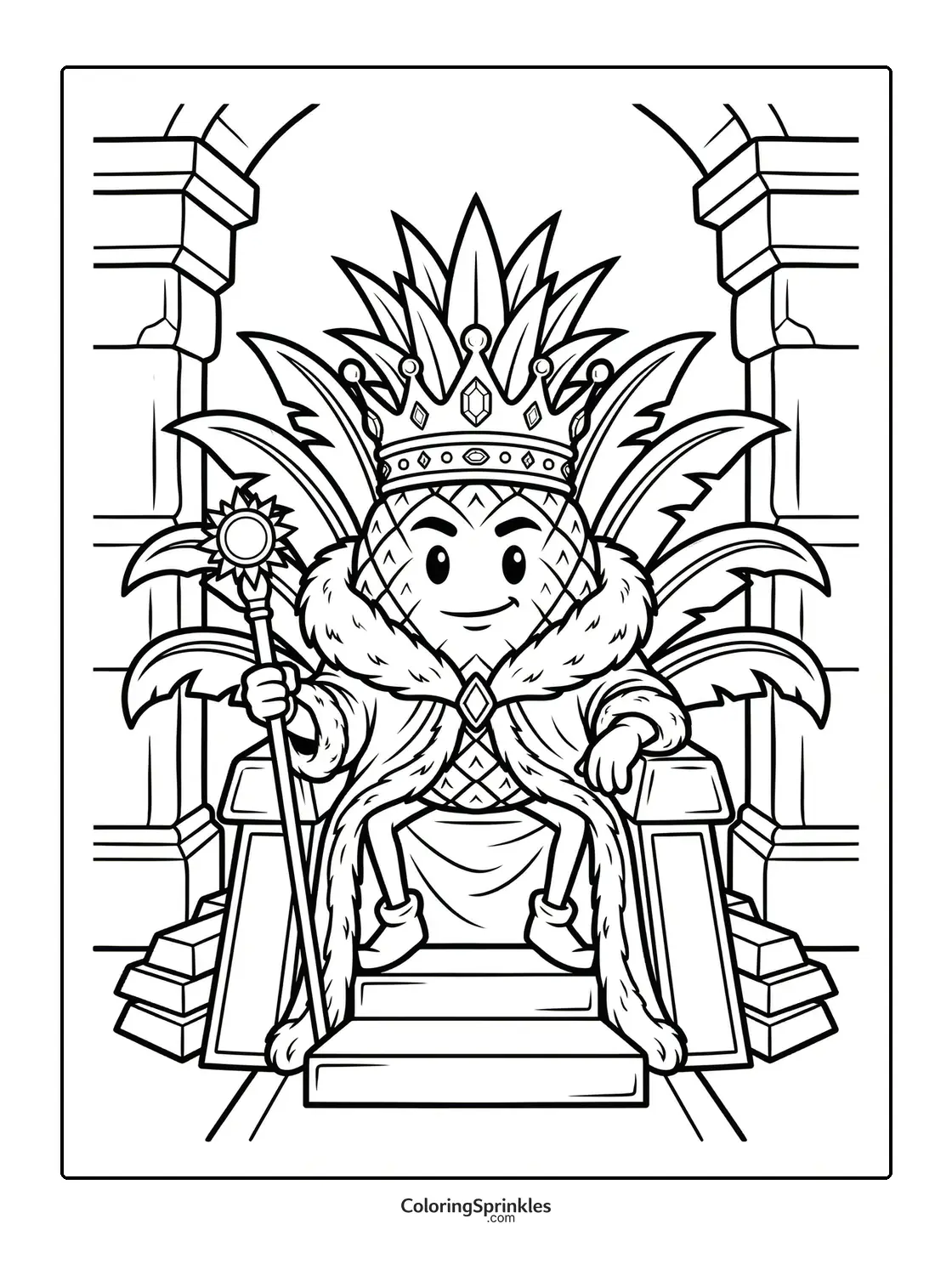 Coloring page of a pineapple king sitting on a throne with a crown and scepter