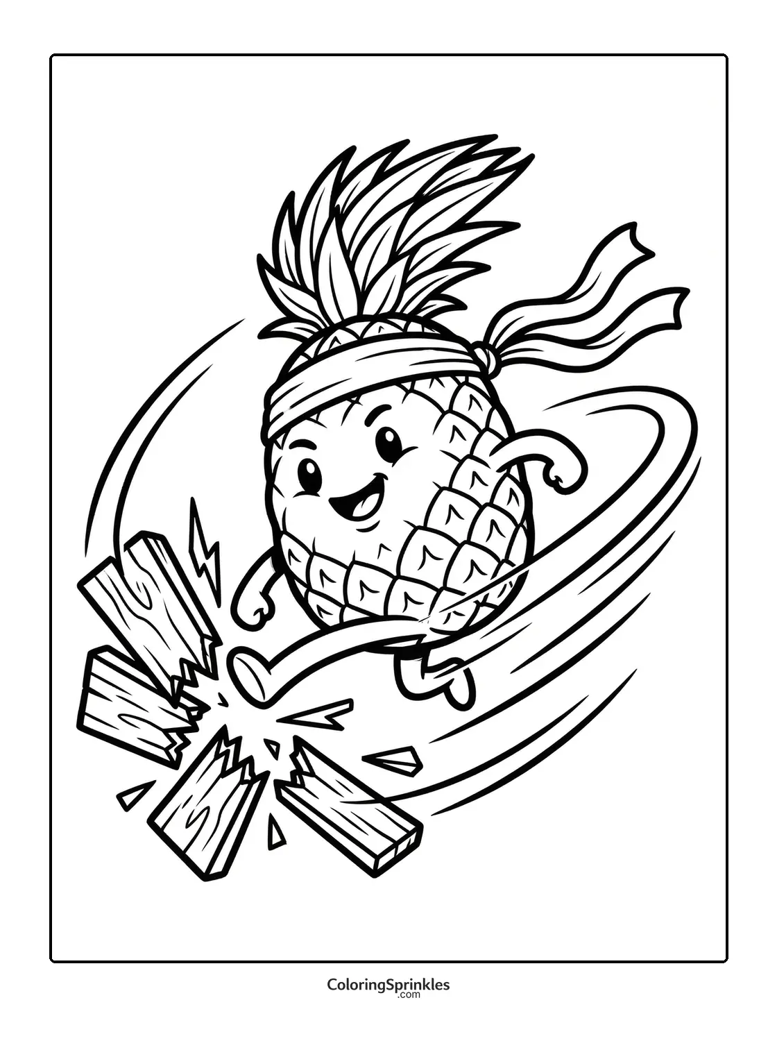 Coloring page of a pineapple ninja breaking wood