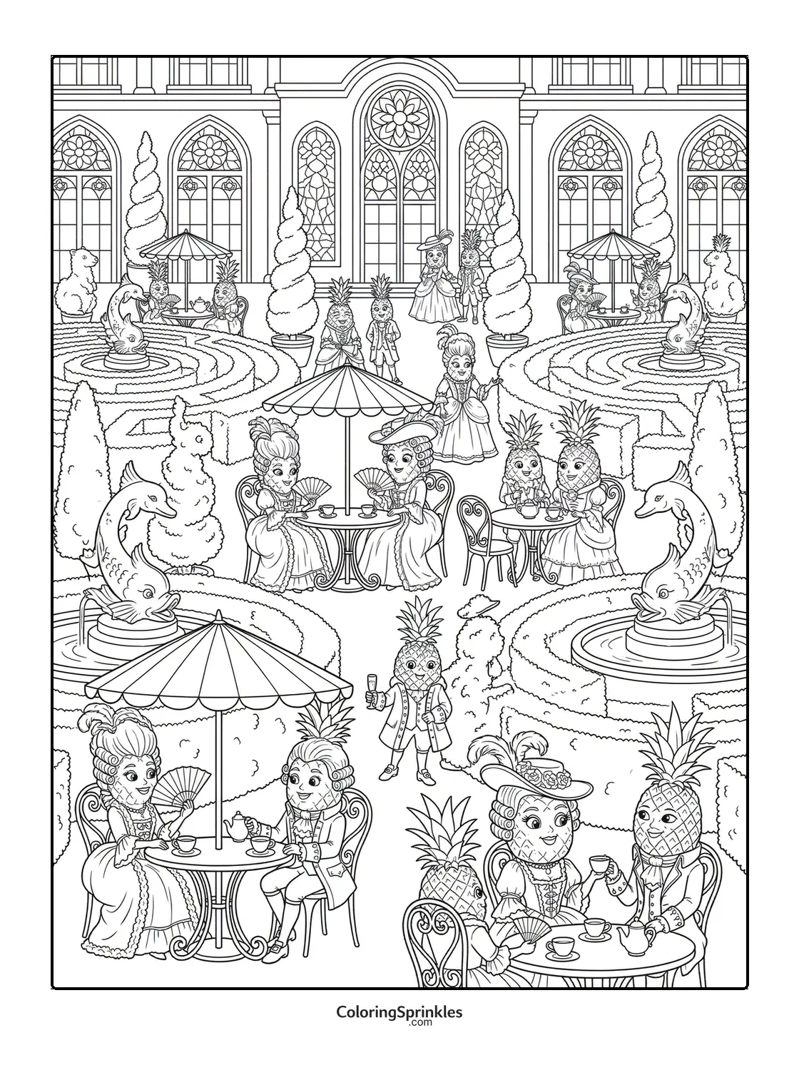 Coloring page of pineapple-headed people having a tea party in a formal garden with fountains
