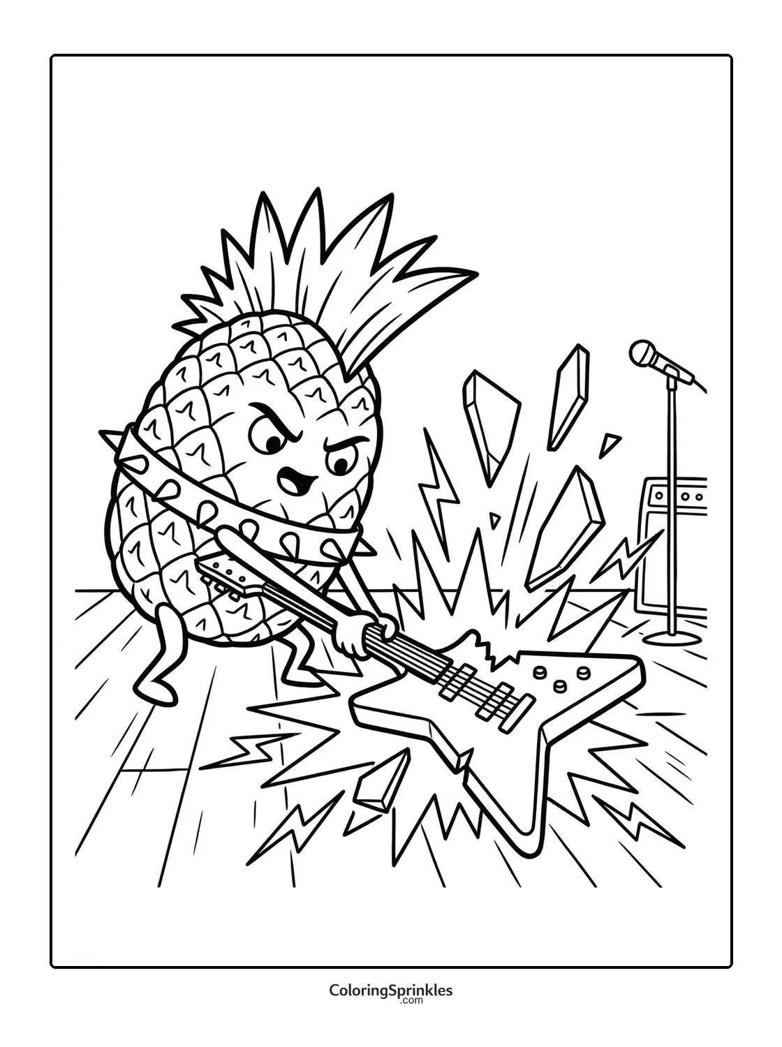 Coloring page of a pineapple playing an electric guitar and smashing it