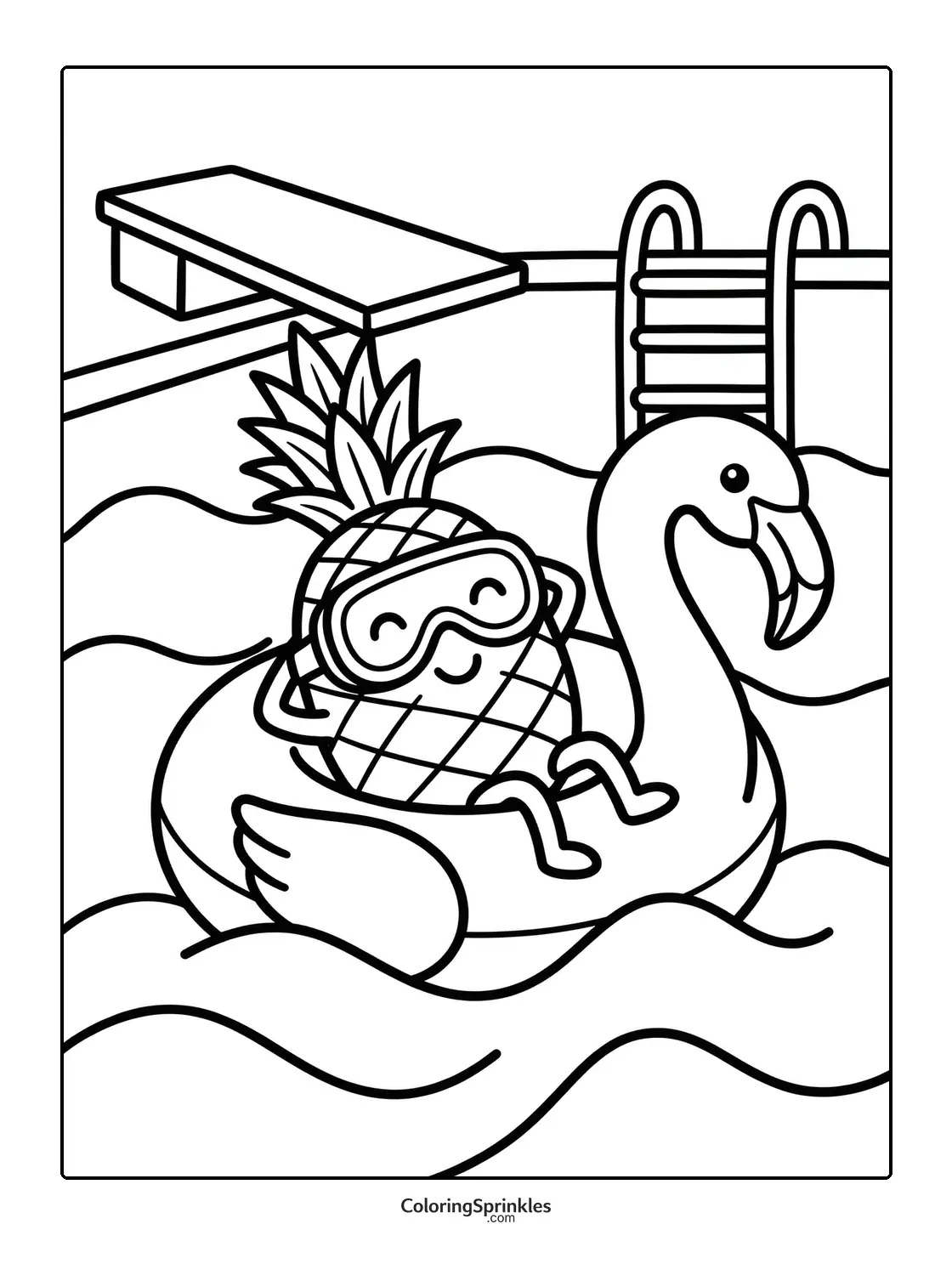 Coloring page of a pineapple character wearing goggles relaxing on a flamingo float in a pool