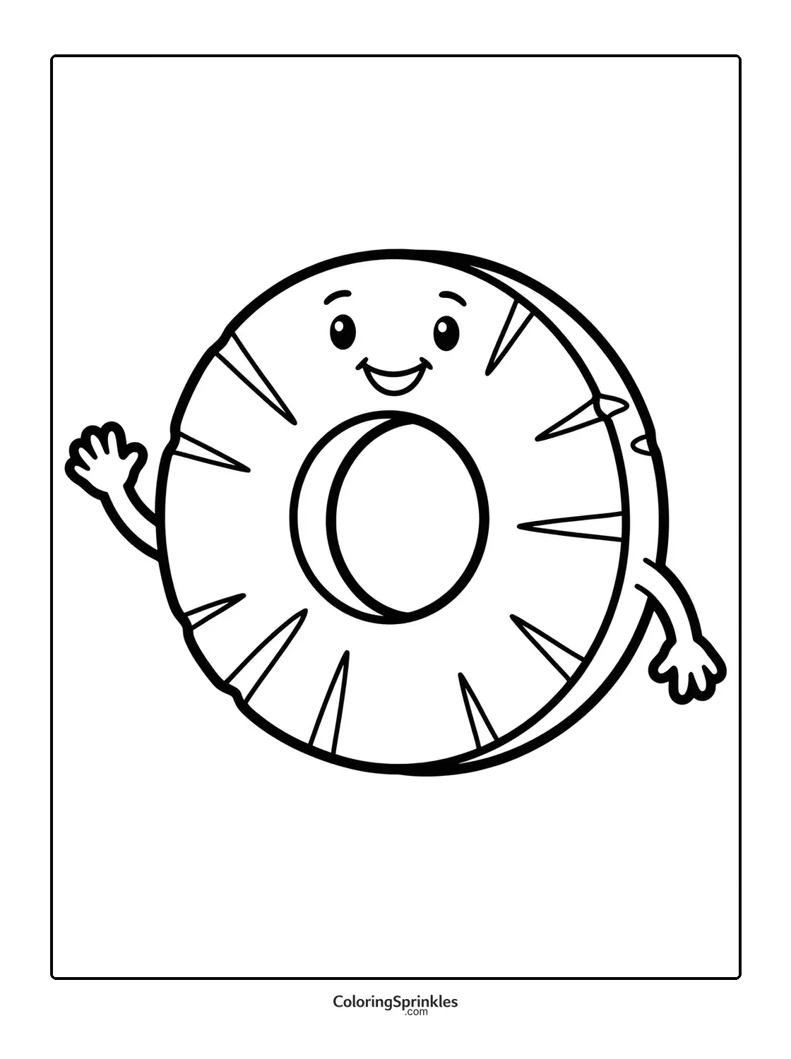 Coloring page of a smiling pineapple ring waving