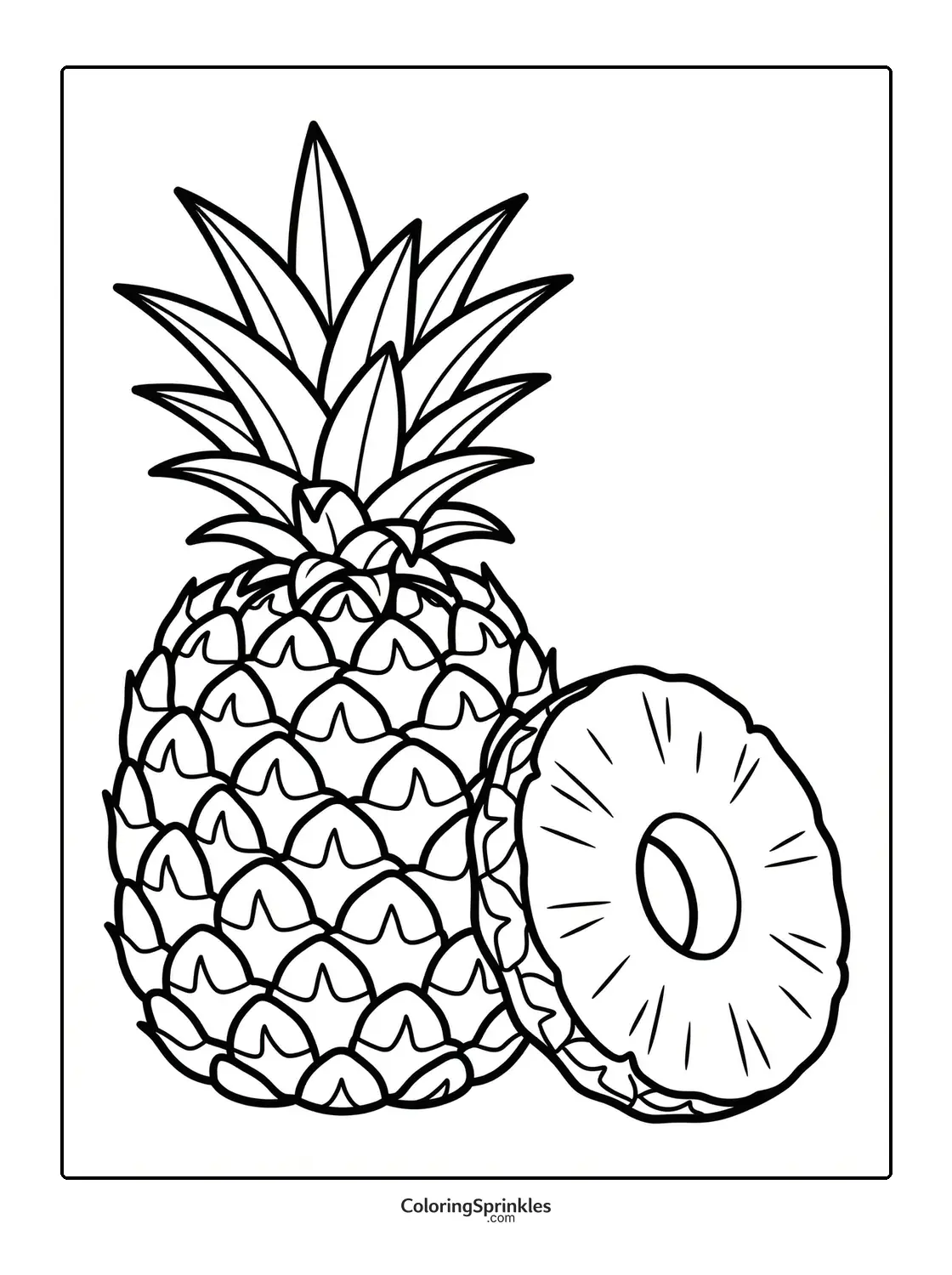 Coloring page of a whole pineapple with a pineapple slice
