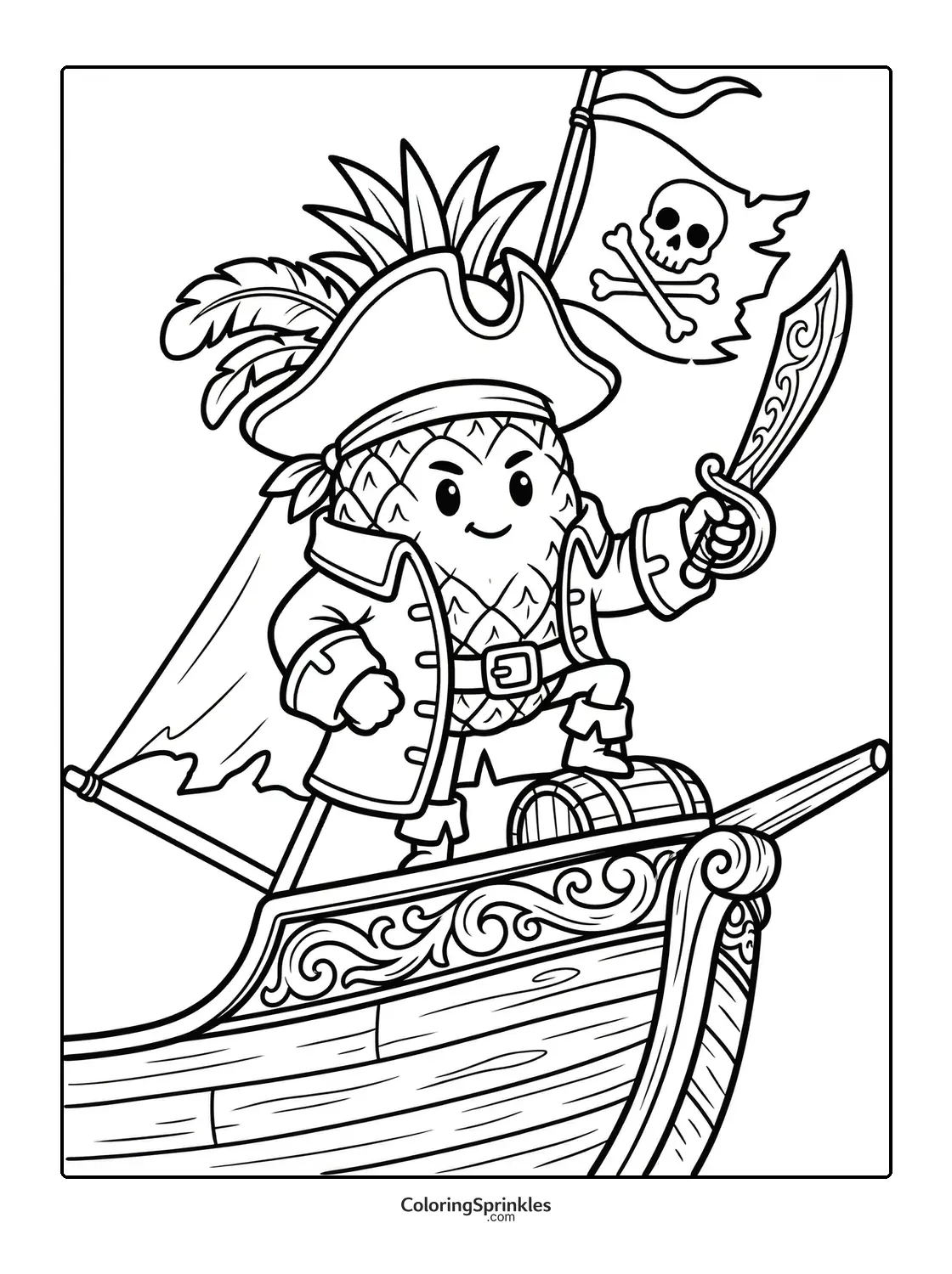 Coloring page of a pirate pineapple standing on a ship with a sword and pirate flag