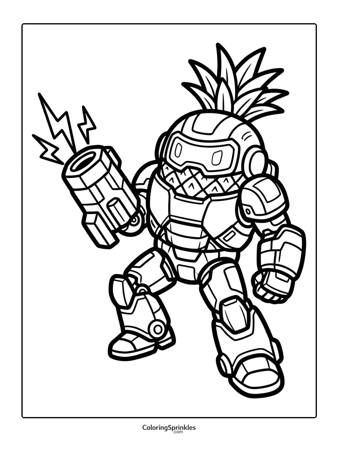 Coloring page of a robotic pineapple warrior holding a futuristic gun
