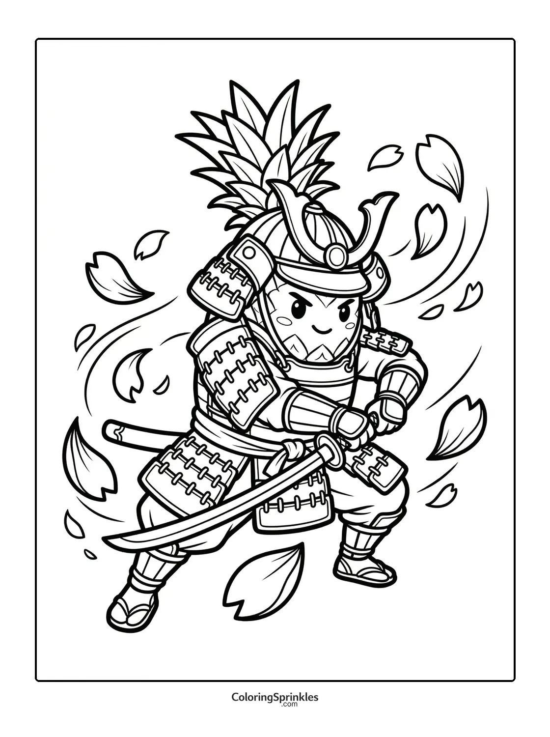 Coloring page of a samurai pineapple warrior with a sword and swirling leaves
