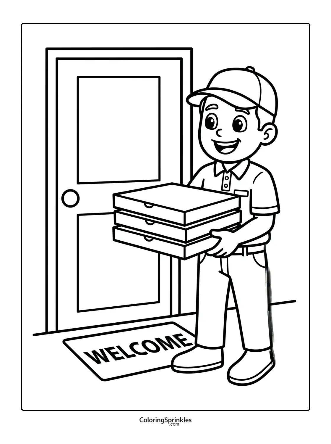 Coloring page of a pizza delivery man holding boxes at a welcome door