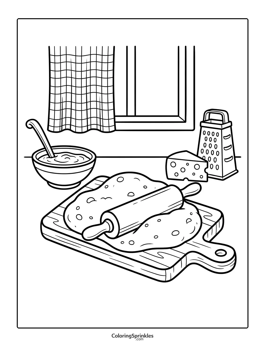 Coloring page of pizza dough with rolling pin and cheese grater in kitchen