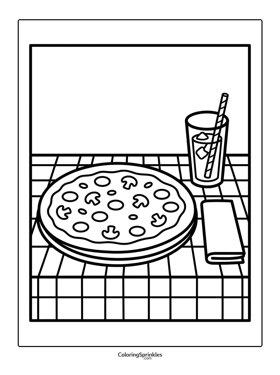 Coloring page of a pizza with mushrooms on a checkered table with a drink and napkin