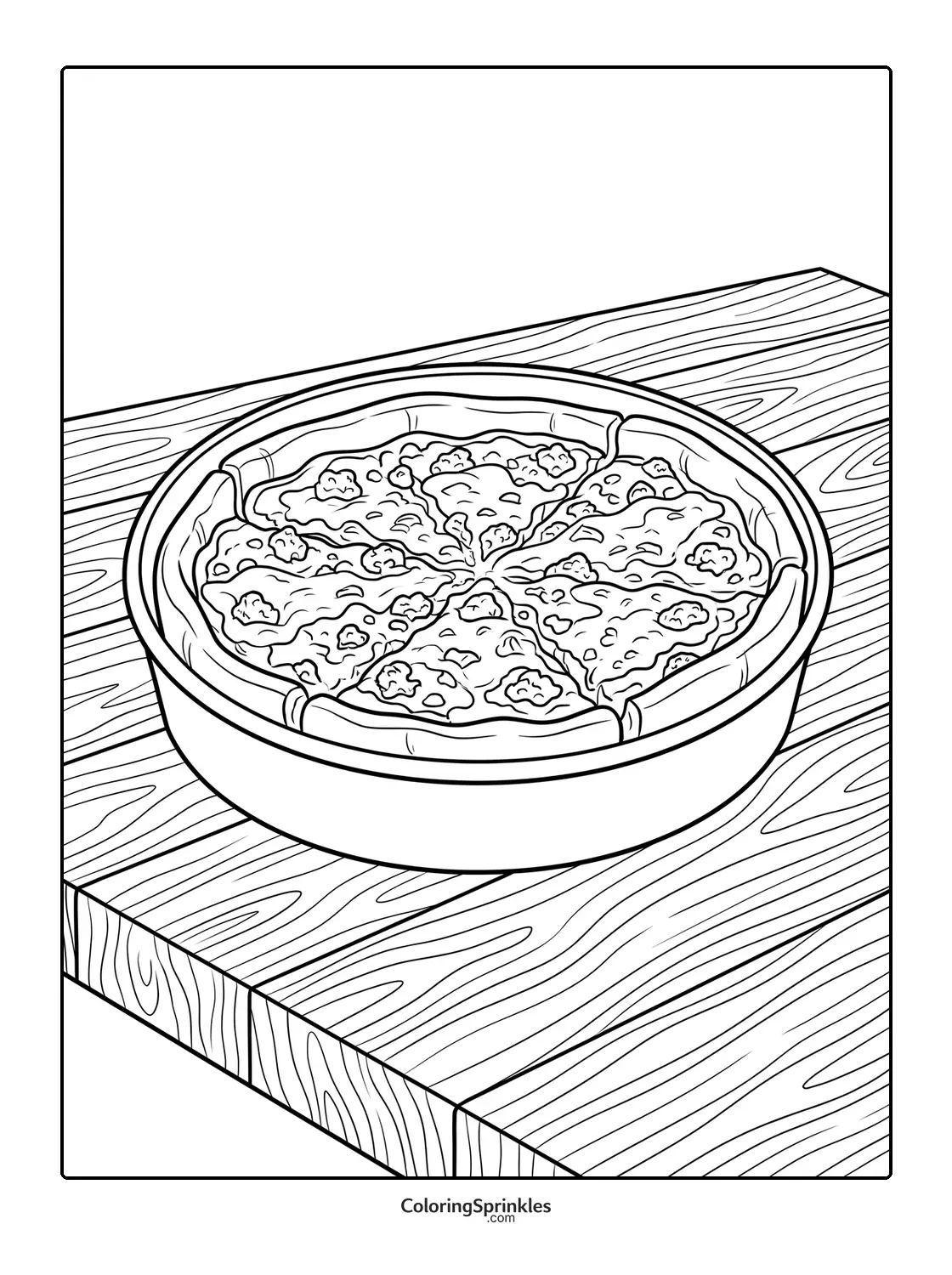 Coloring page of a pizza in a pan with slices on a wooden table