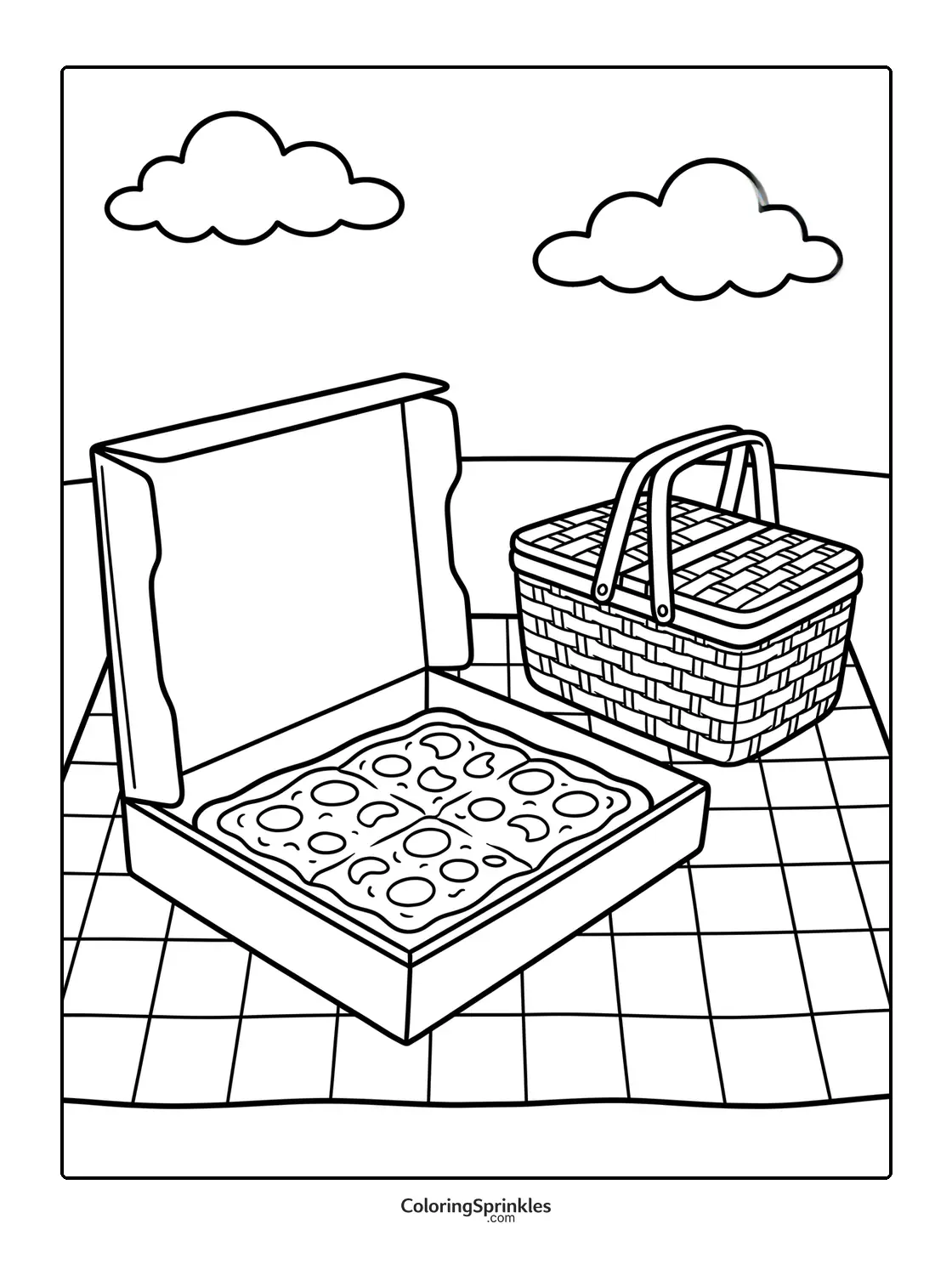 Coloring page of a pizza box and picnic basket on a blanket with clouds