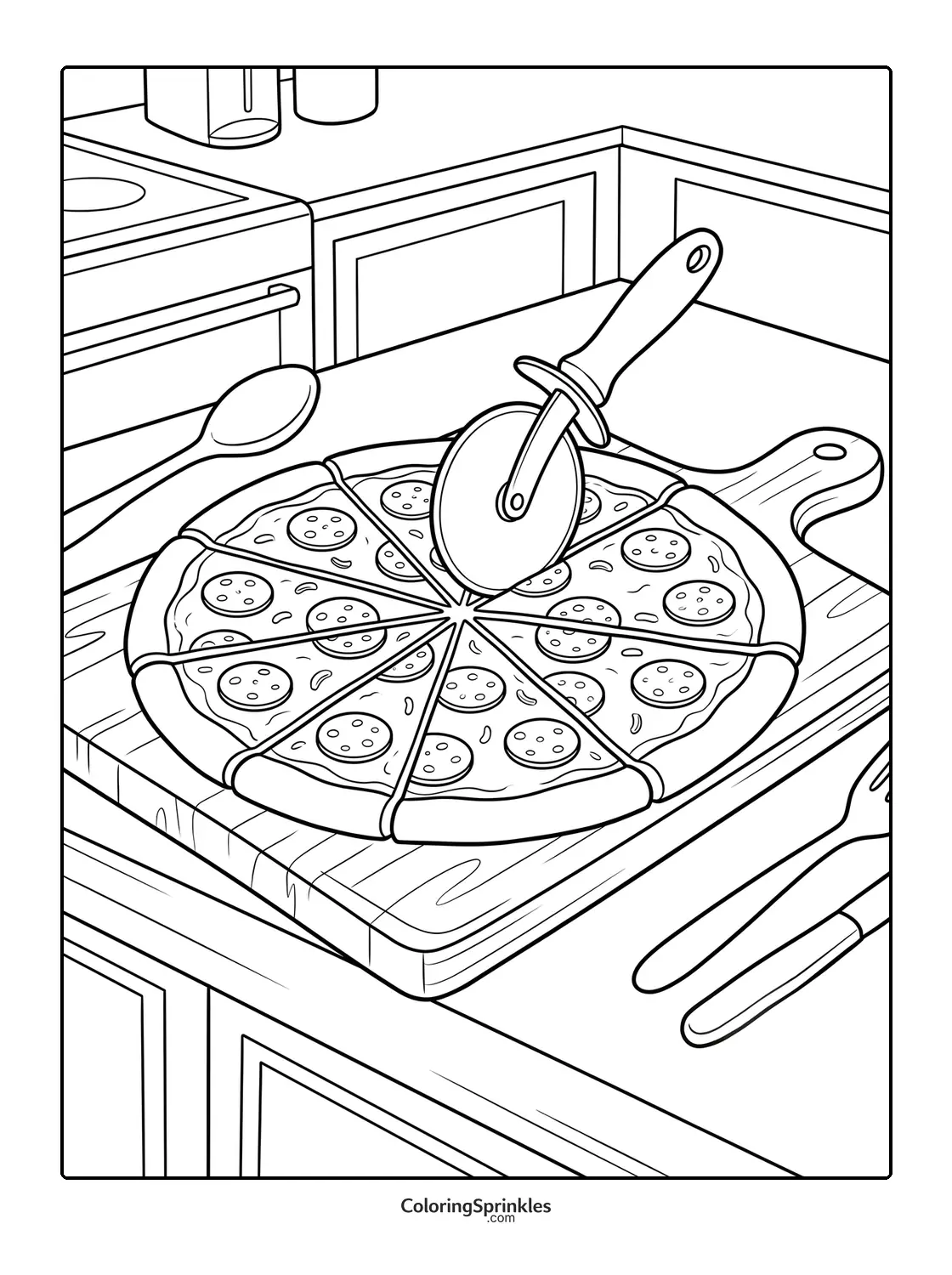 Coloring page of a sliced pizza with a pizza cutter on a kitchen counter