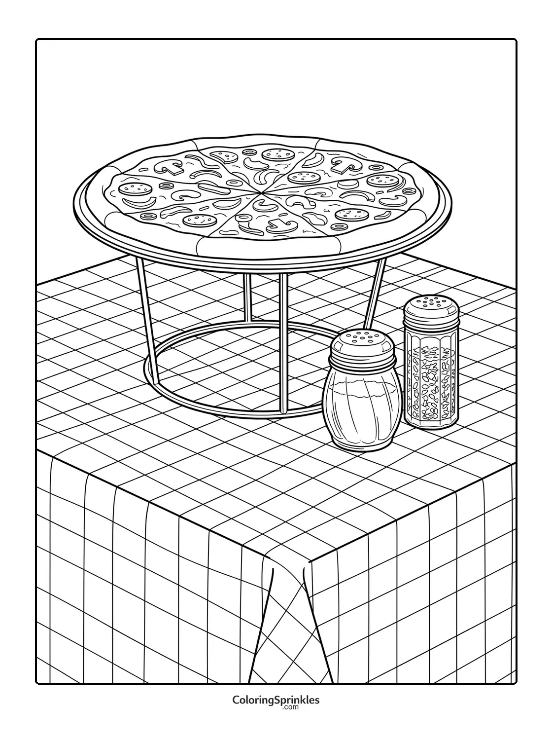 Coloring page of a pizza on a stand with salt and pepper shakers on a checkered tablecloth