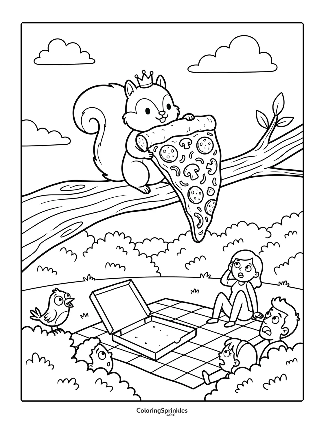 Coloring page of a squirrel king holding a large pizza slice on a tree branch