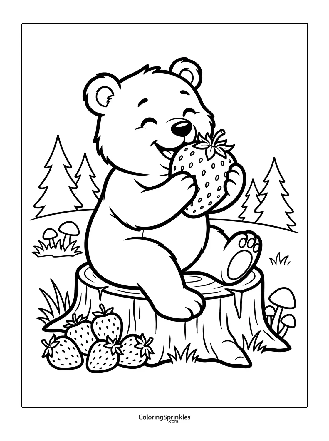 Coloring page of a bear eating a large strawberry while sitting on a tree stump in a forest