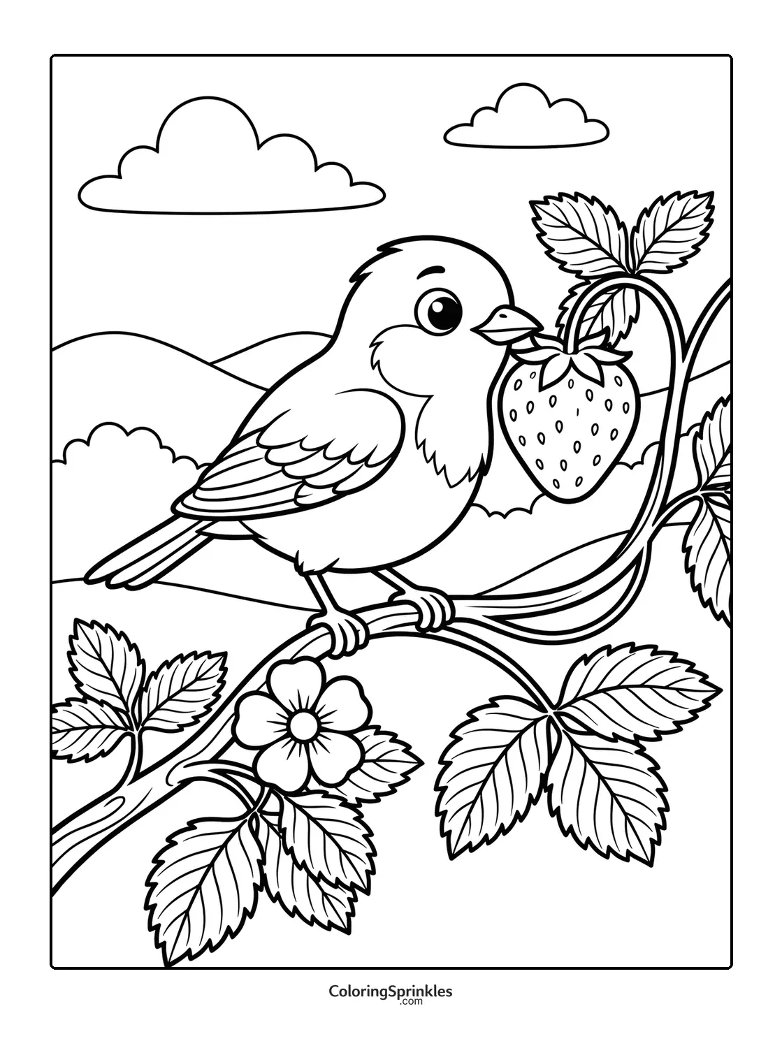 Coloring page of a bird perched on a strawberry branch with flowers and clouds