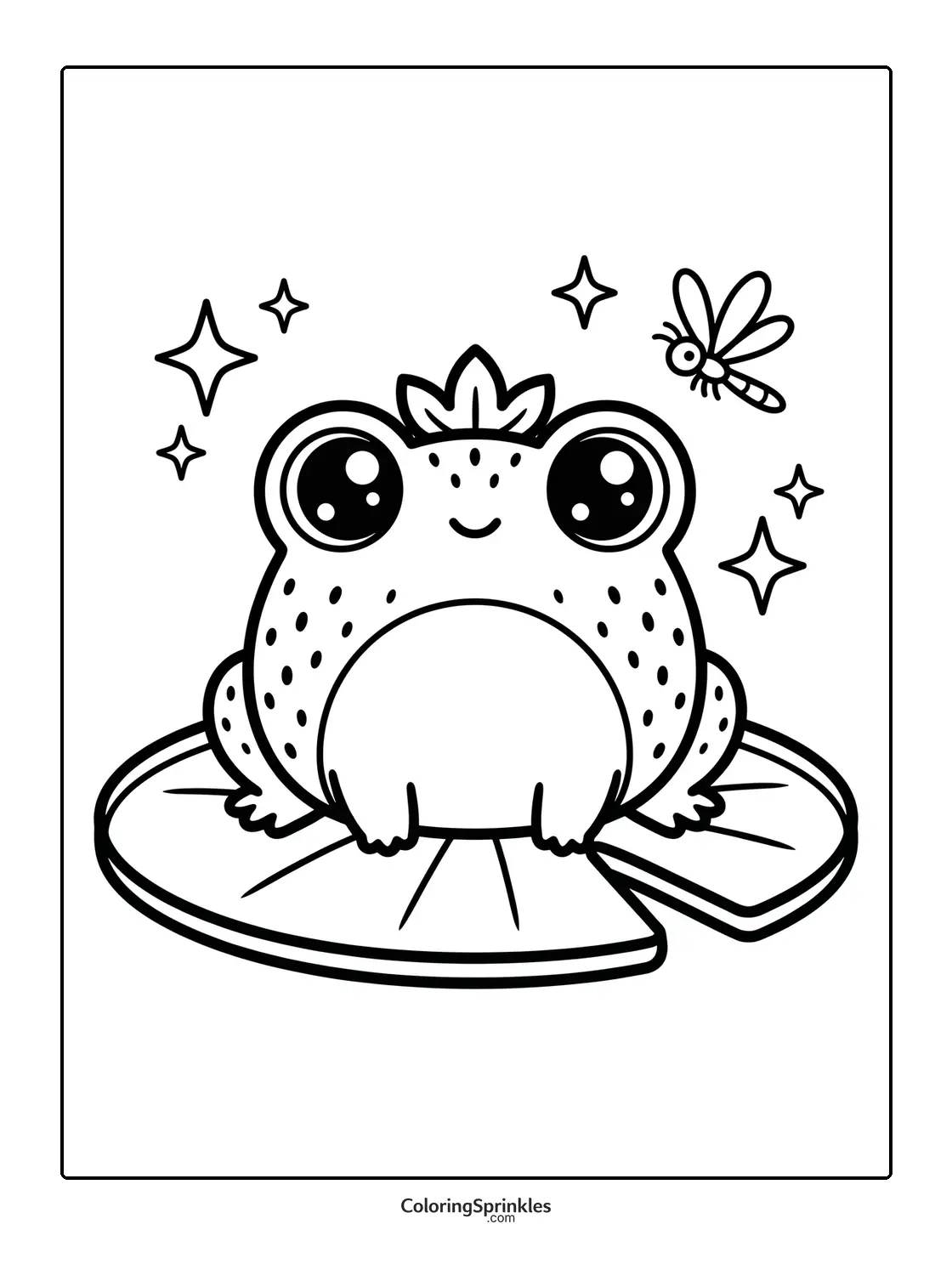 Coloring page of a cute frog sitting on a lily pad with a dragonfly and stars