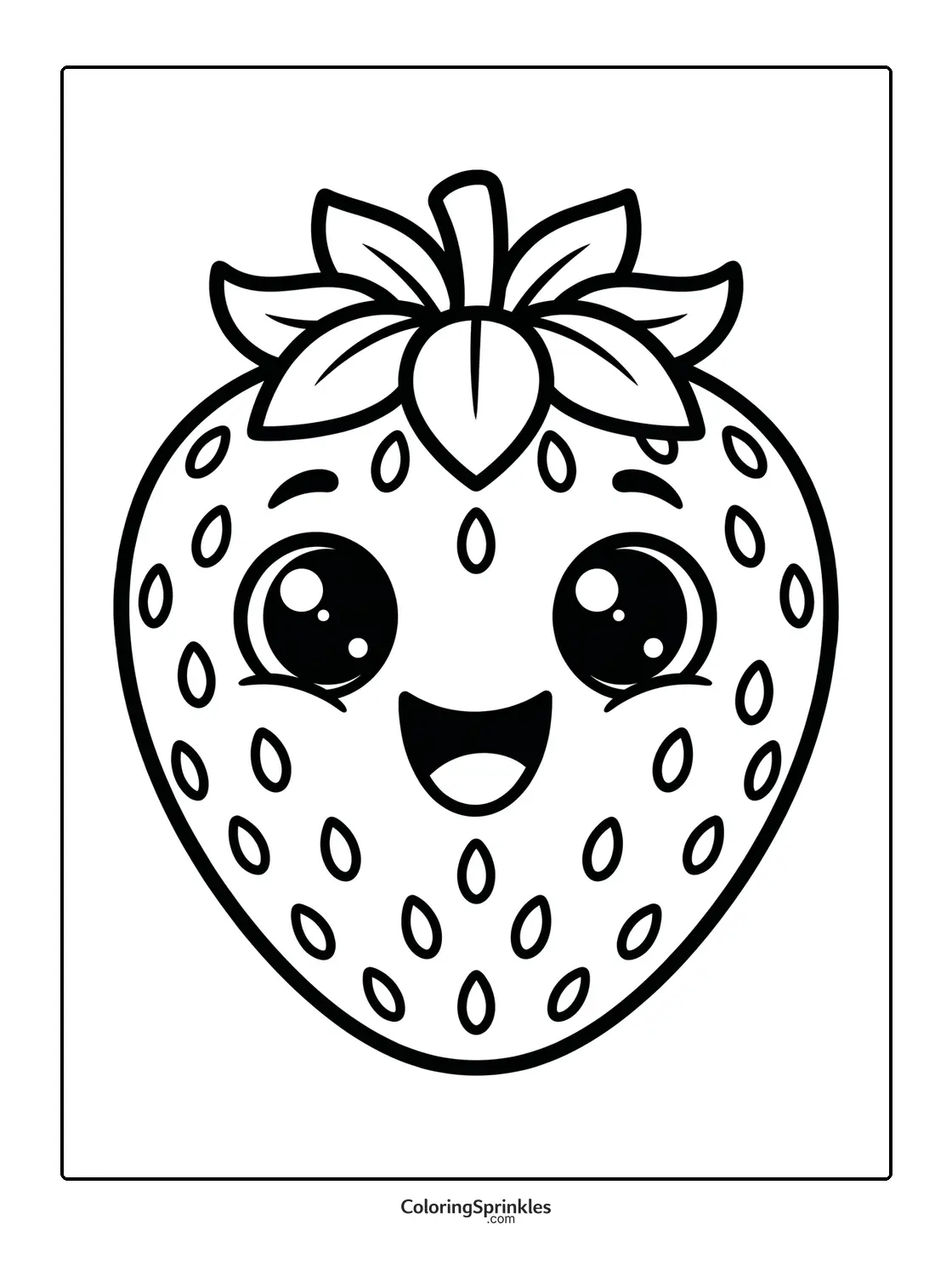 Coloring page of a happy strawberry with a kawaii face