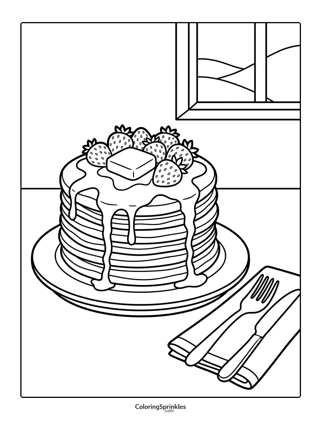 Coloring page of a stack of pancakes topped with strawberries, butter and syrup near a window