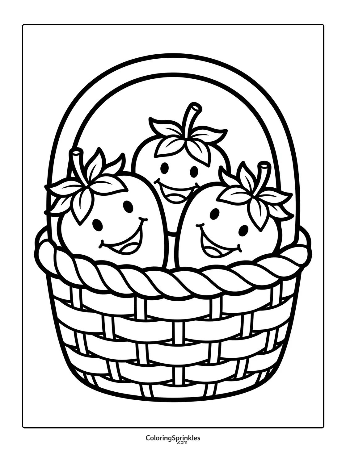 Coloring page of smiling strawberries in a basket