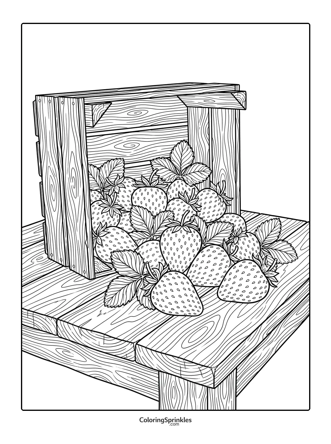 Coloring page of strawberries spilling out of a wooden crate on a table