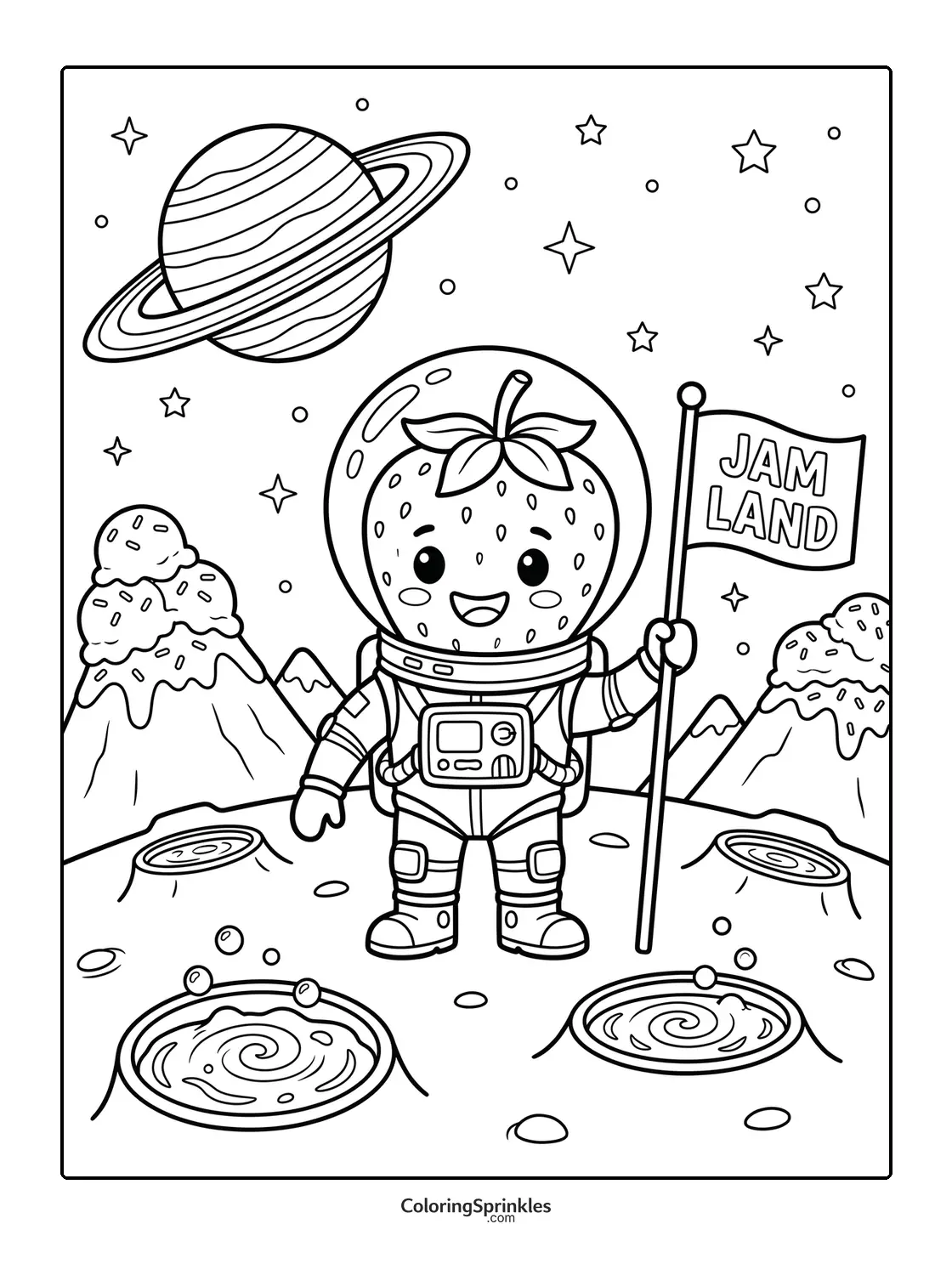 Coloring page of a strawberry astronaut holding a Jam Land flag on a space landscape