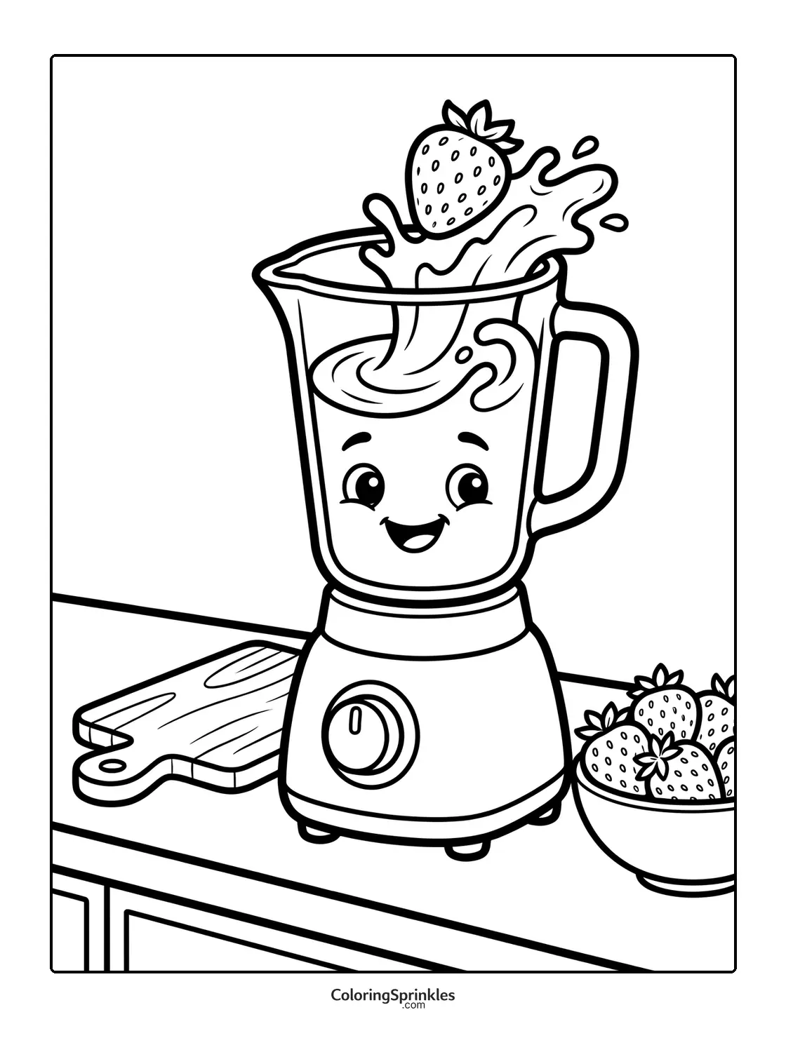 Coloring page of a smiling blender with a strawberry splashing inside in a kitchen