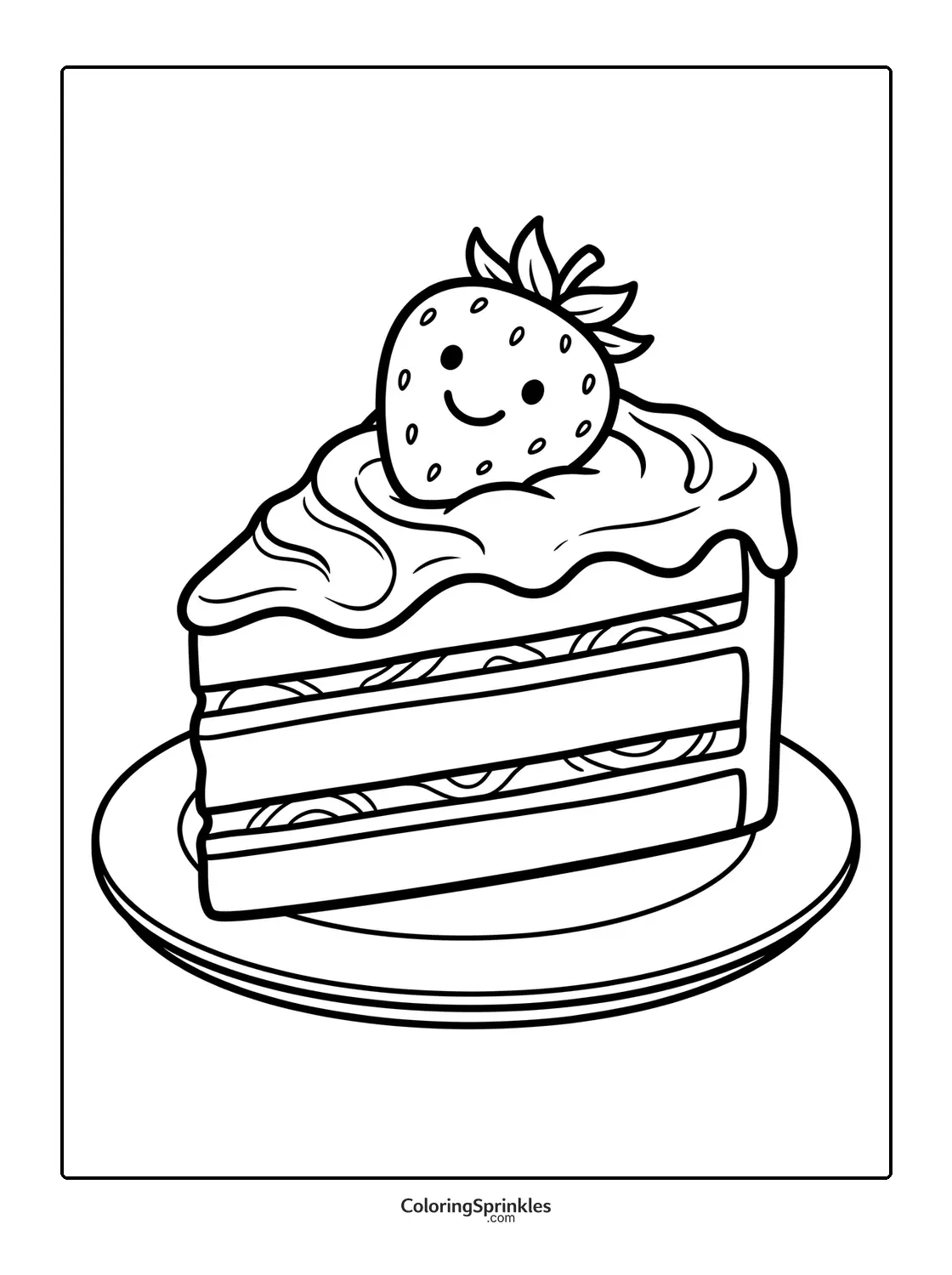 Coloring page of a smiling strawberry on a cake slice on a plate