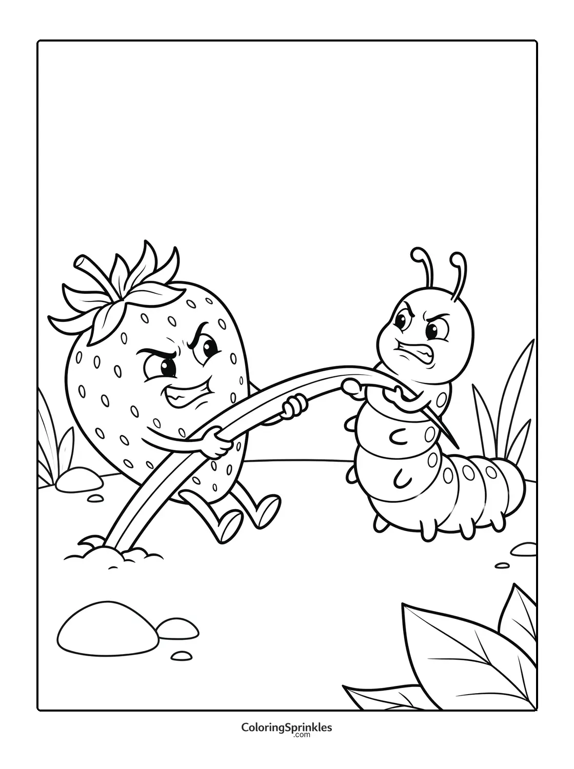 Coloring page of a strawberry and a caterpillar playing tug of war in a garden
