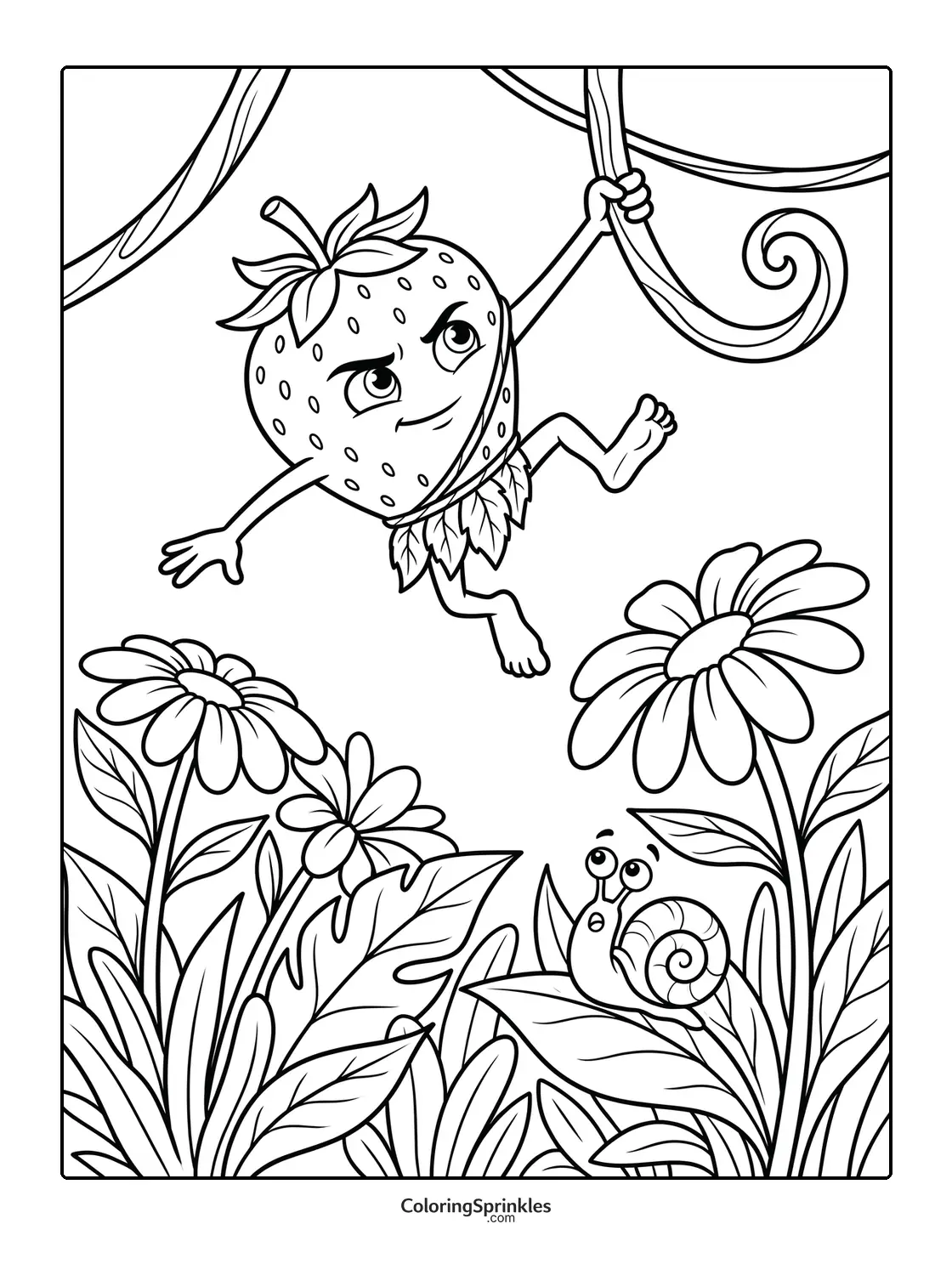 Coloring page of a strawberry character swinging on a vine above flowers and a snail