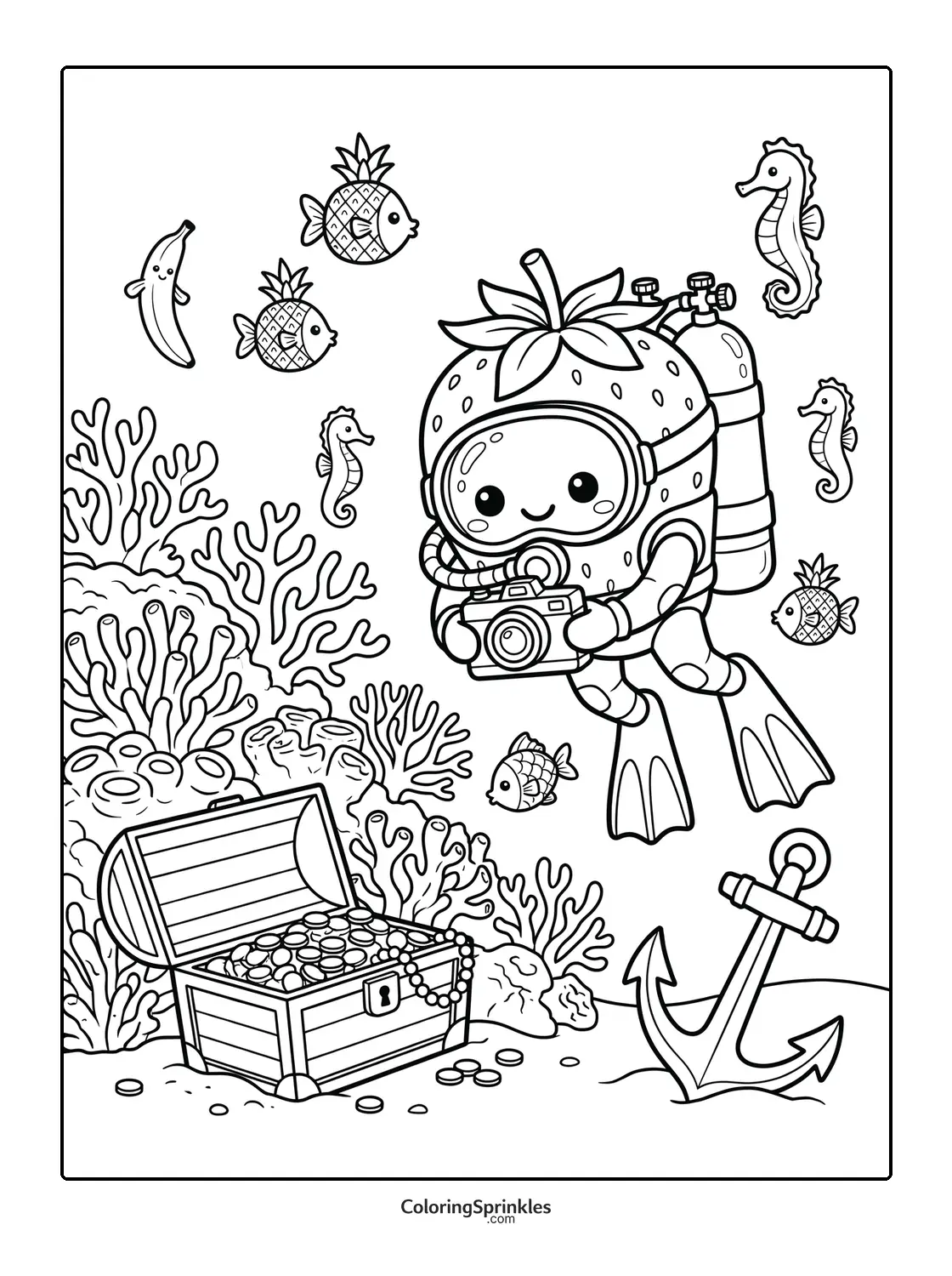 Coloring page of a strawberry diver underwater with a treasure chest