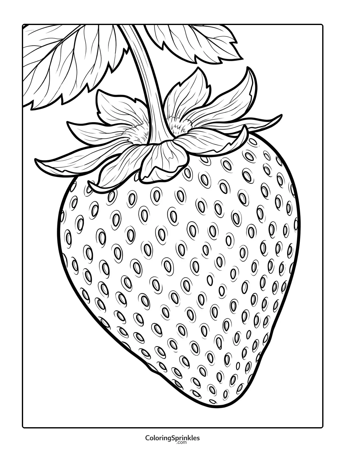 Coloring page of a closeup strawberry fruit with leaves
