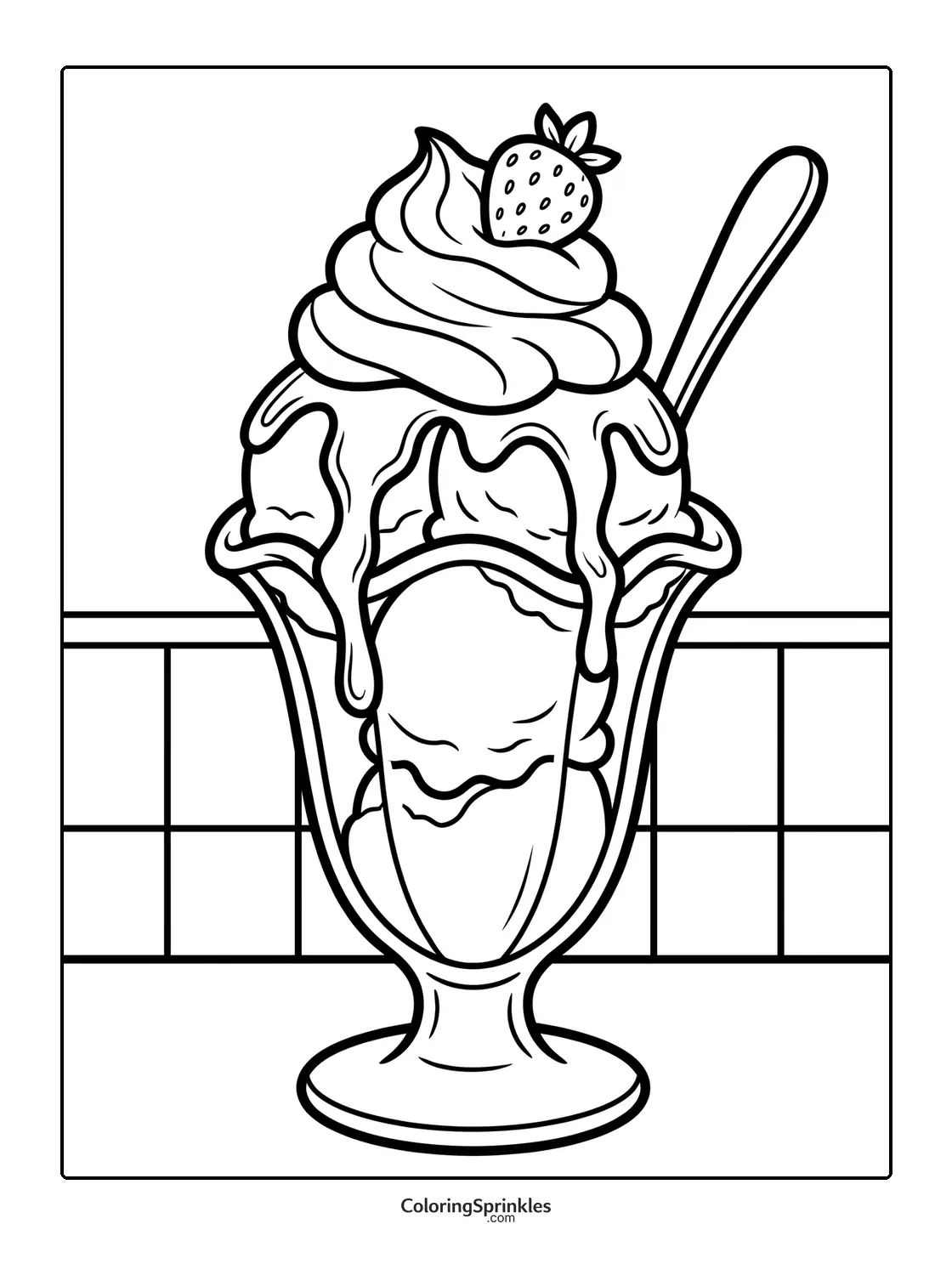 Coloring page of a strawberry ice cream sundae in a glass with whipped cream and spoon