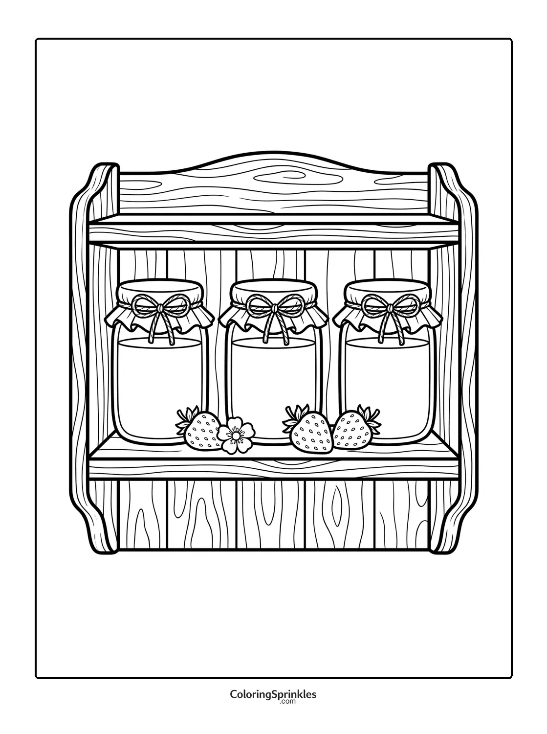Coloring page of three strawberry jam jars on a wooden shelf