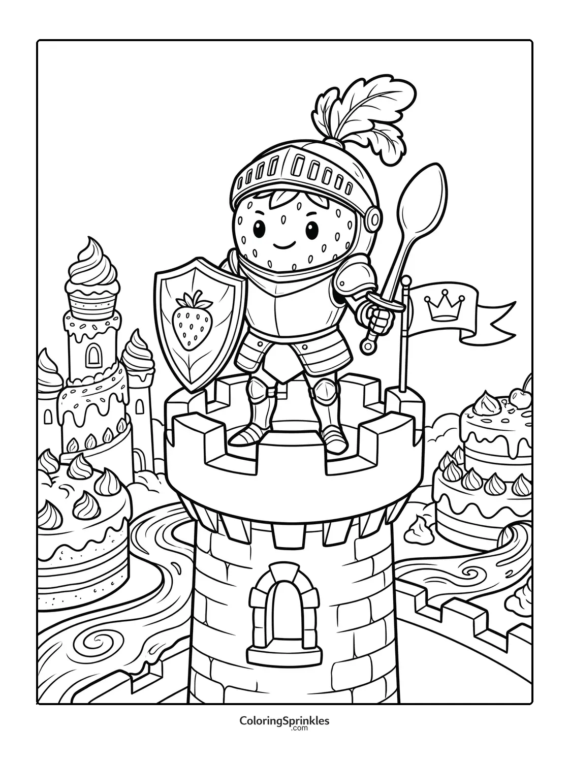 Coloring page of a strawberry knight standing on a castle tower with cakes and a flag