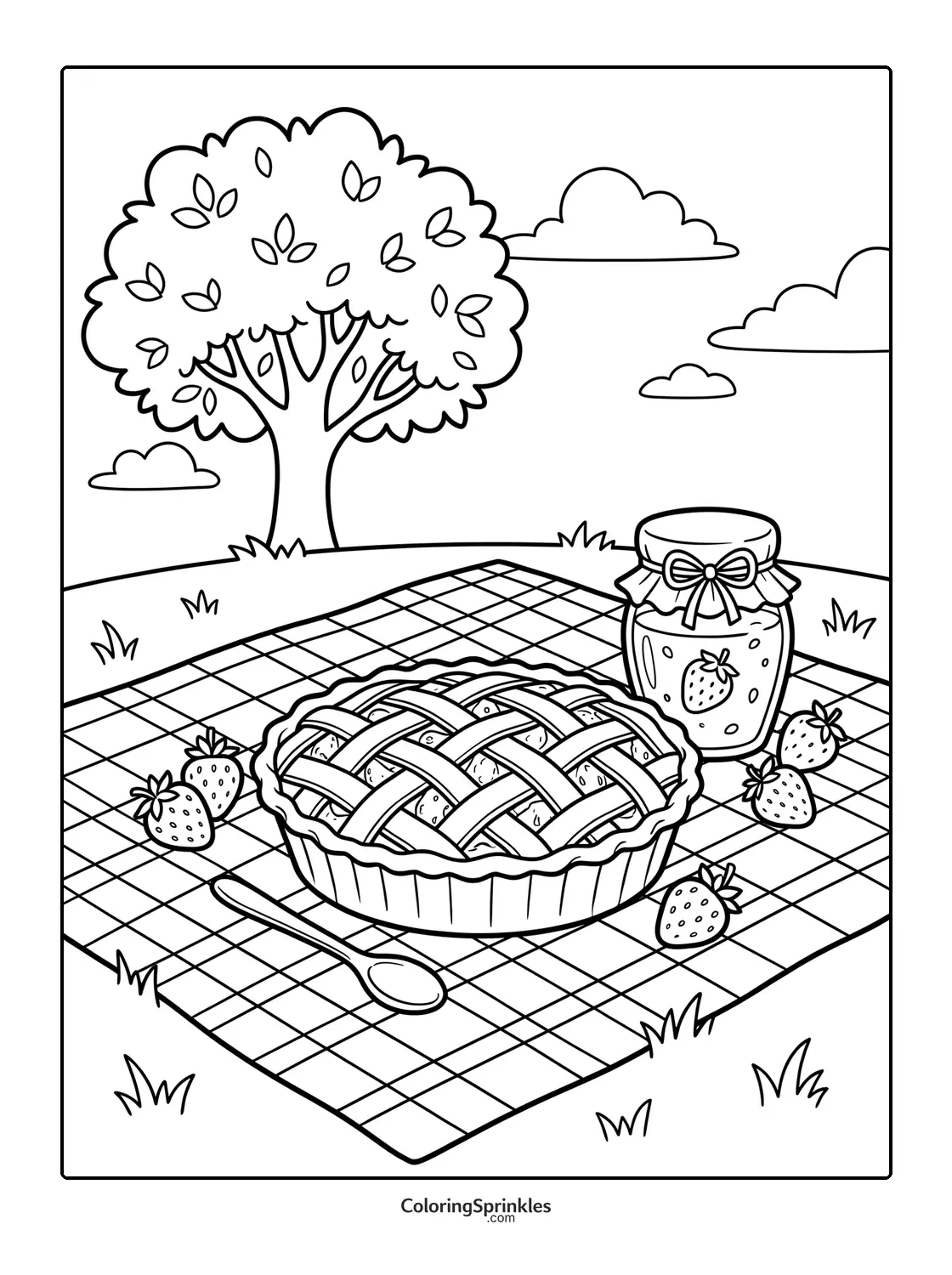 Coloring page of a strawberry pie and jam jar on a picnic blanket under a tree
