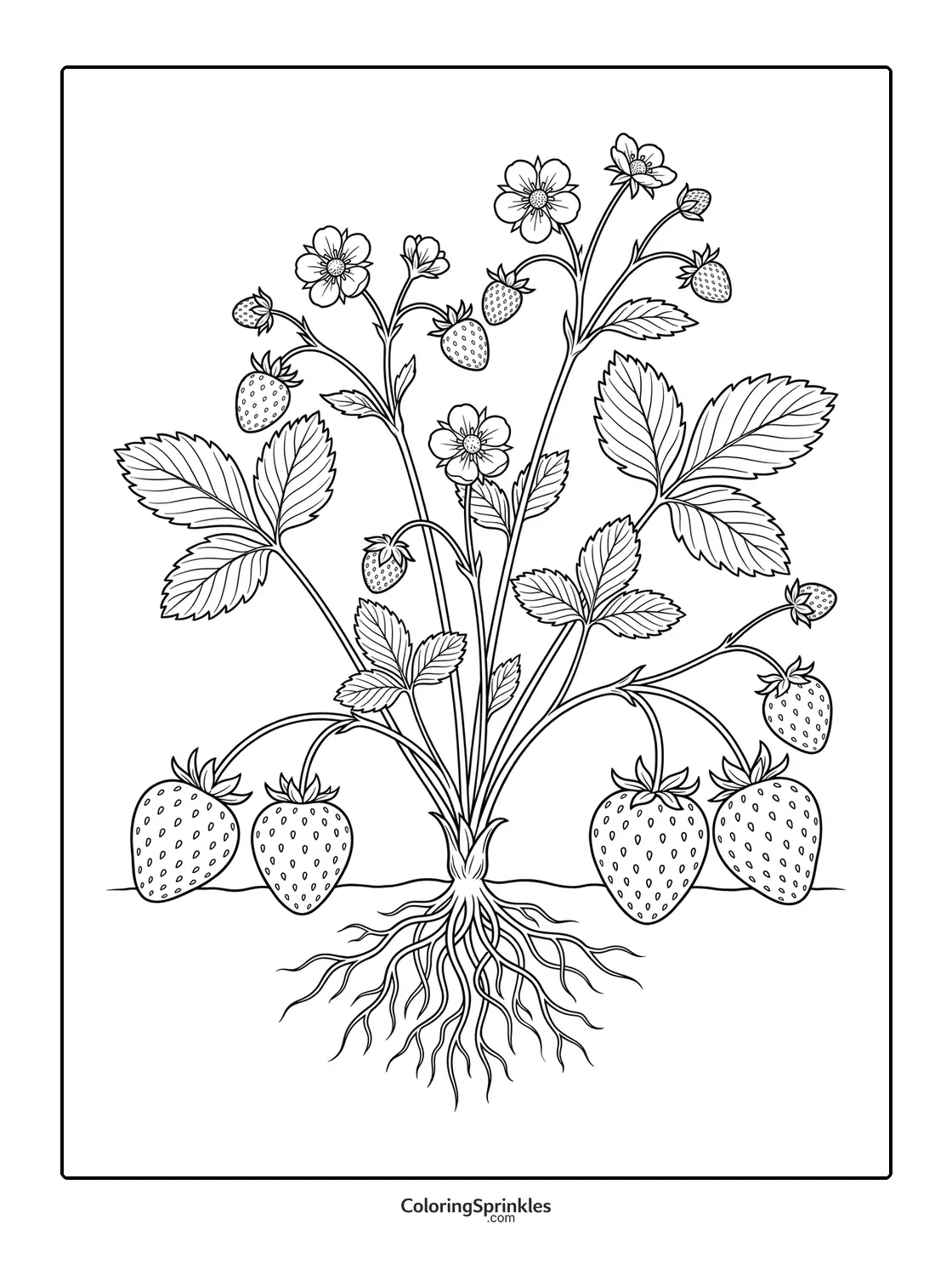 Coloring page of a strawberry plant with fruits, flowers and roots