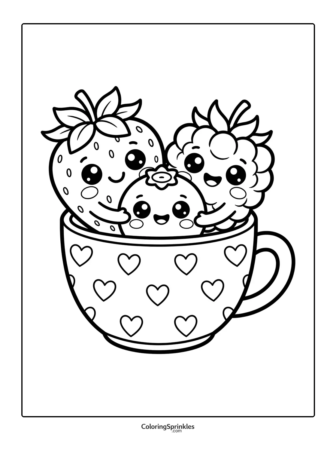 Coloring page of a strawberry, raspberry, and blueberry in a heart-patterned cup