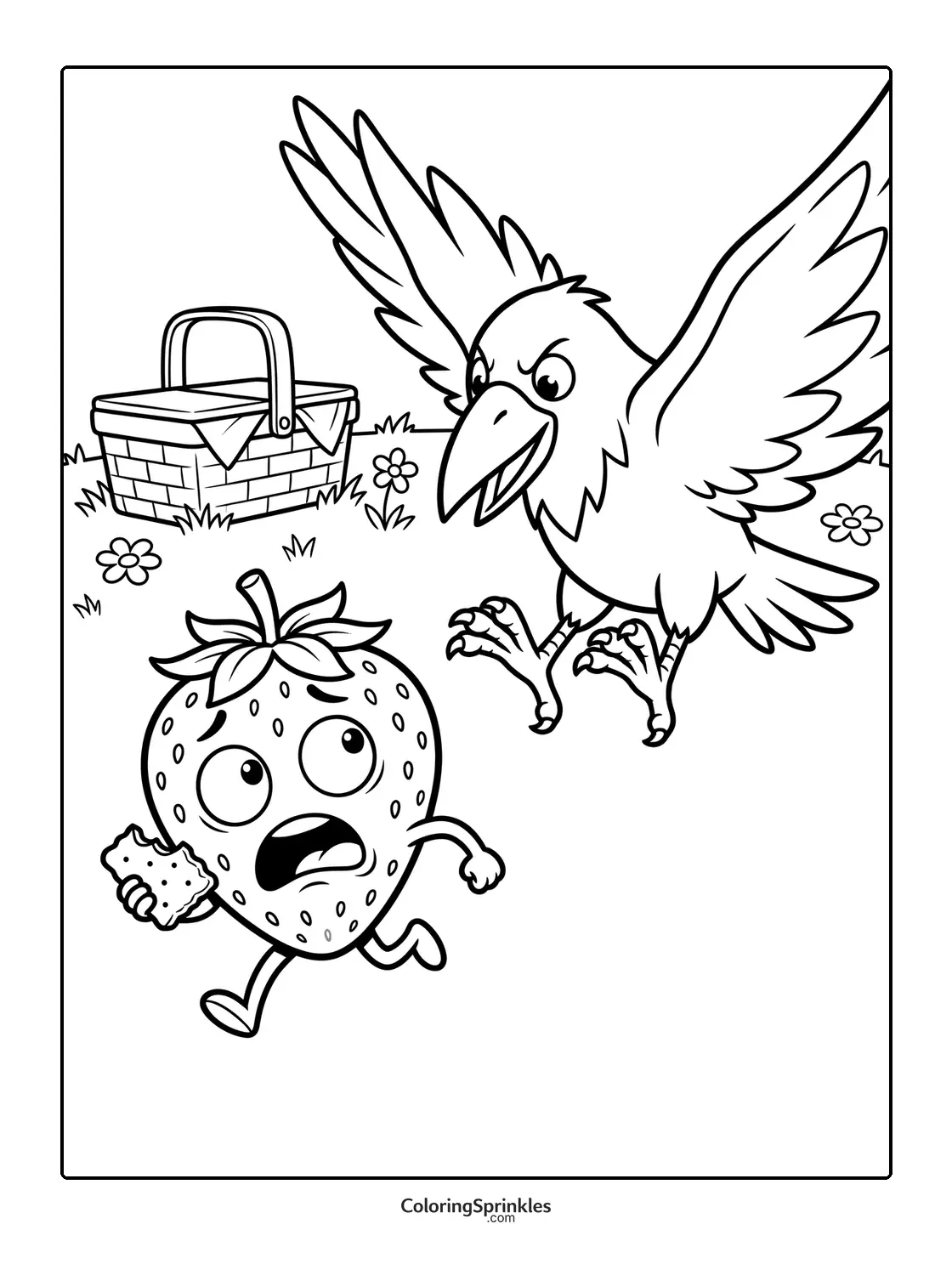 Coloring page of a scared strawberry running from an angry bird near a picnic basket
