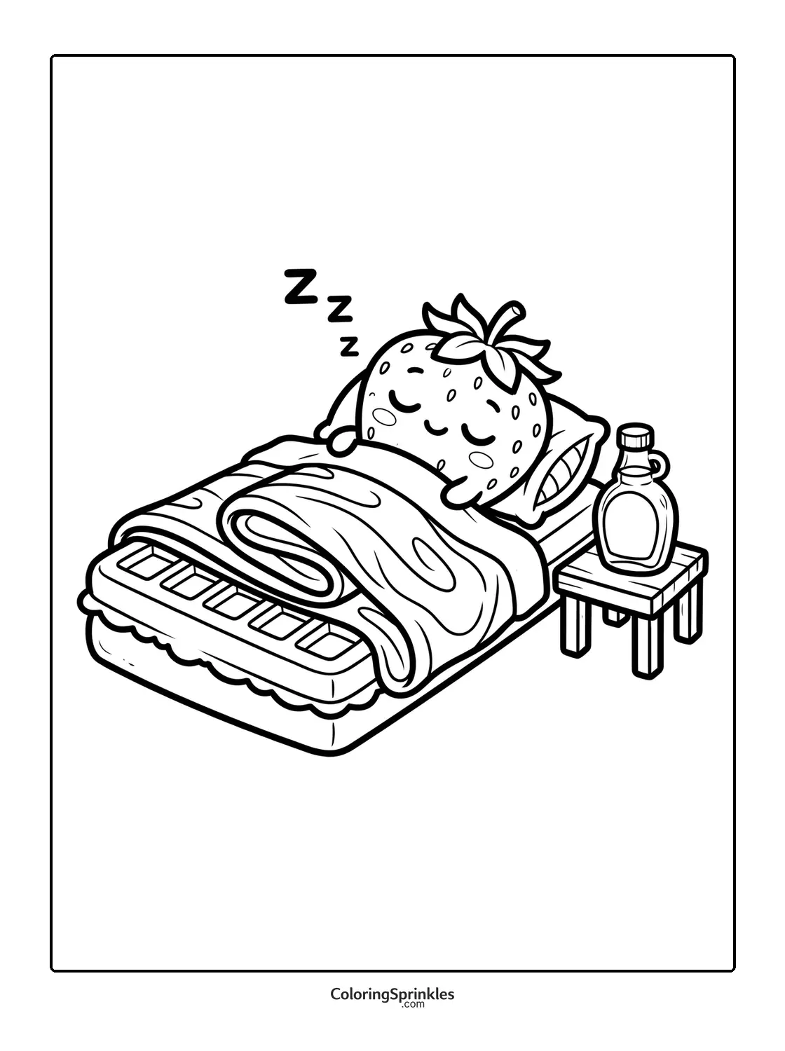 Coloring page of a strawberry character sleeping in a waffle bed with maple syrup bottle