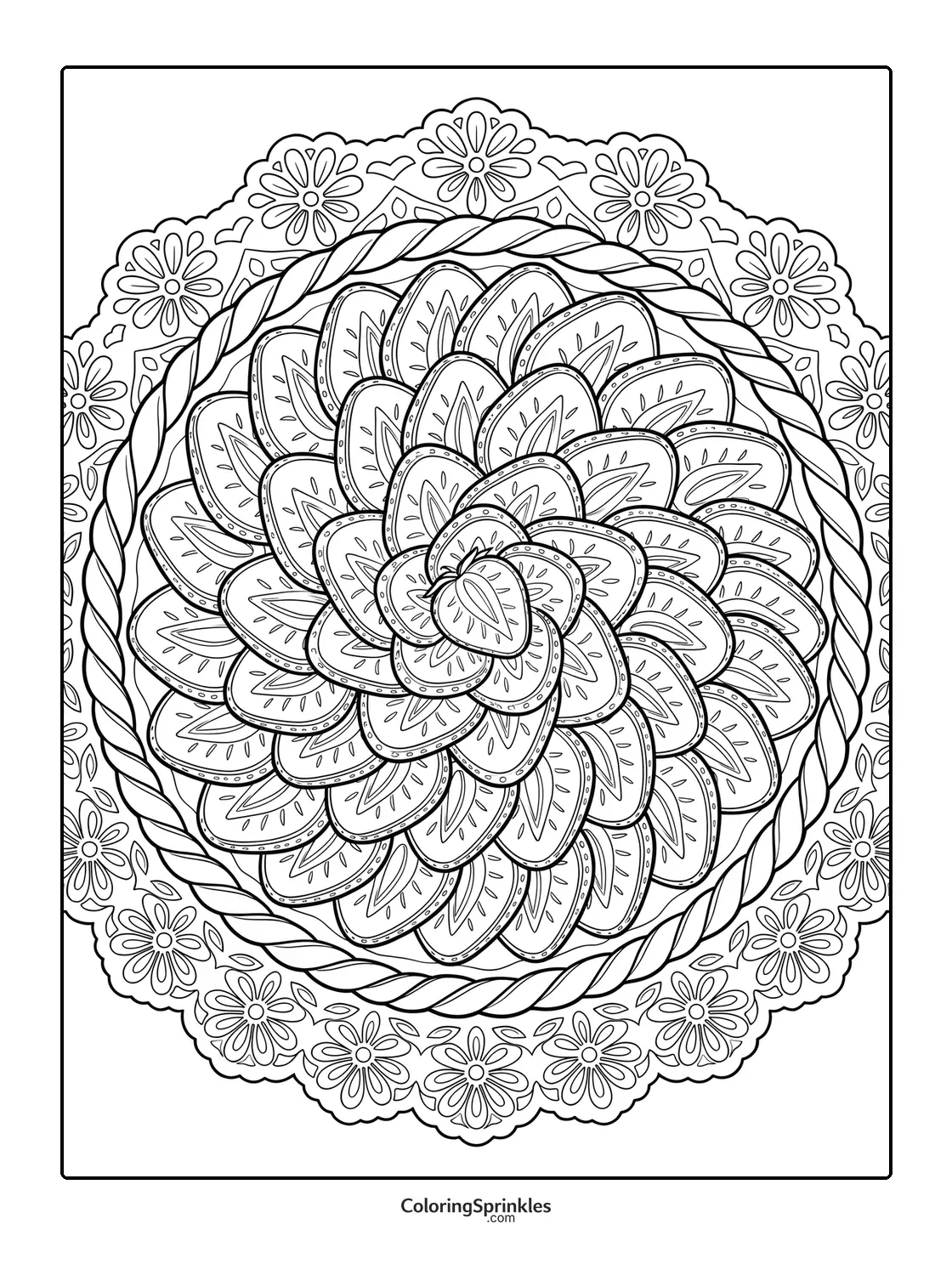 Coloring page of strawberry slices arranged in a mandala with floral patterns