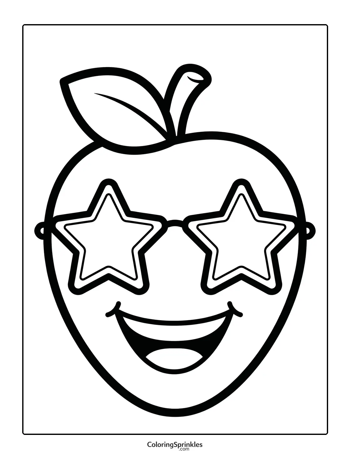 Coloring page of a smiling strawberry wearing star-shaped glasses