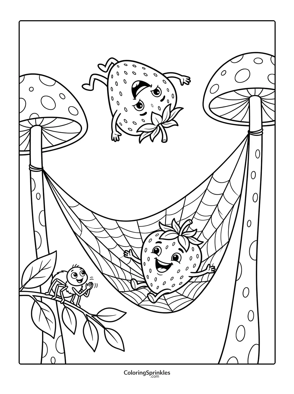Coloring page of a two strawberries jumping in a spider web hammock tied between two spotted mushrooms.