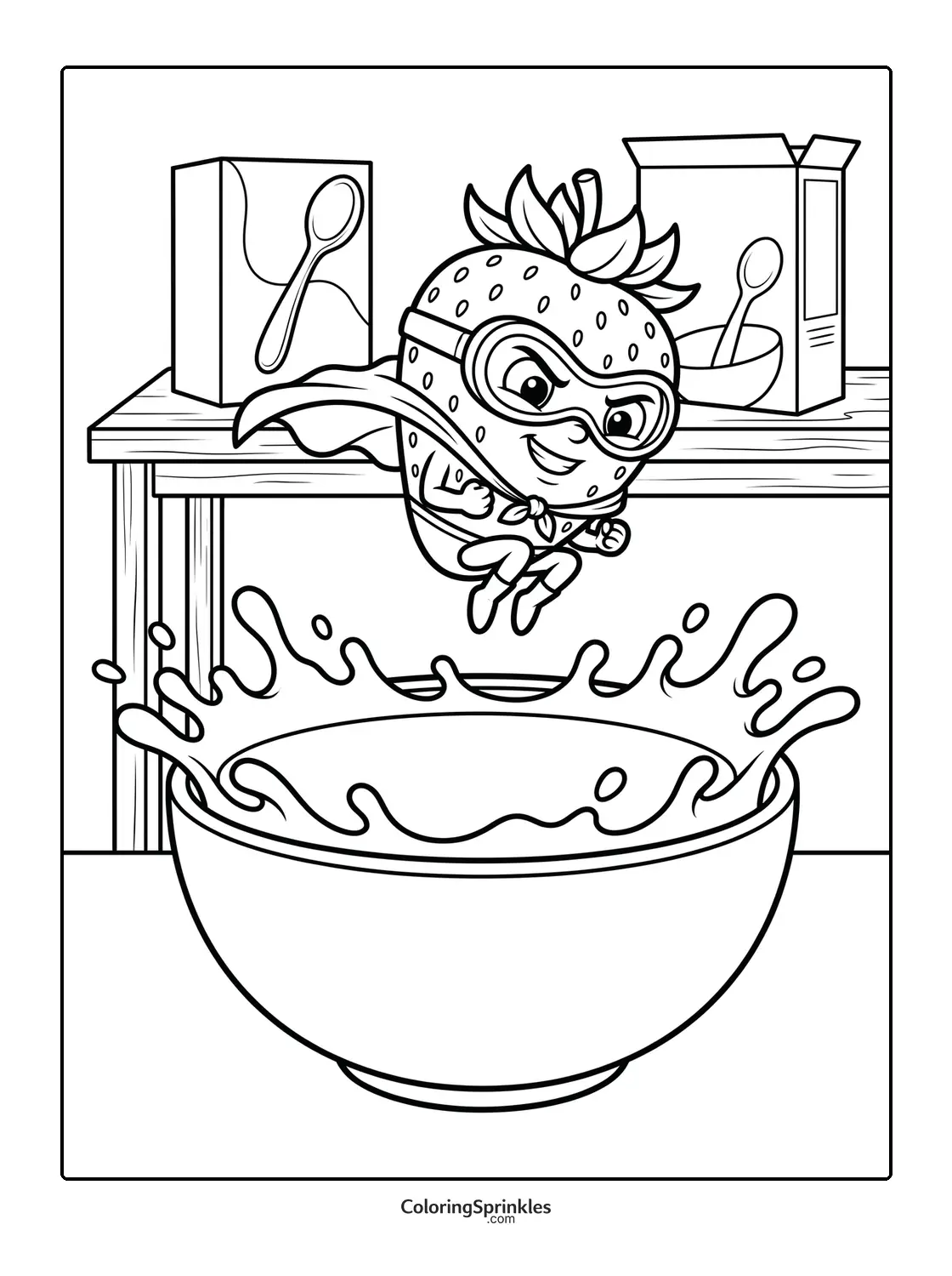 Coloring page of a superhero strawberry jumping into a cereal bowl