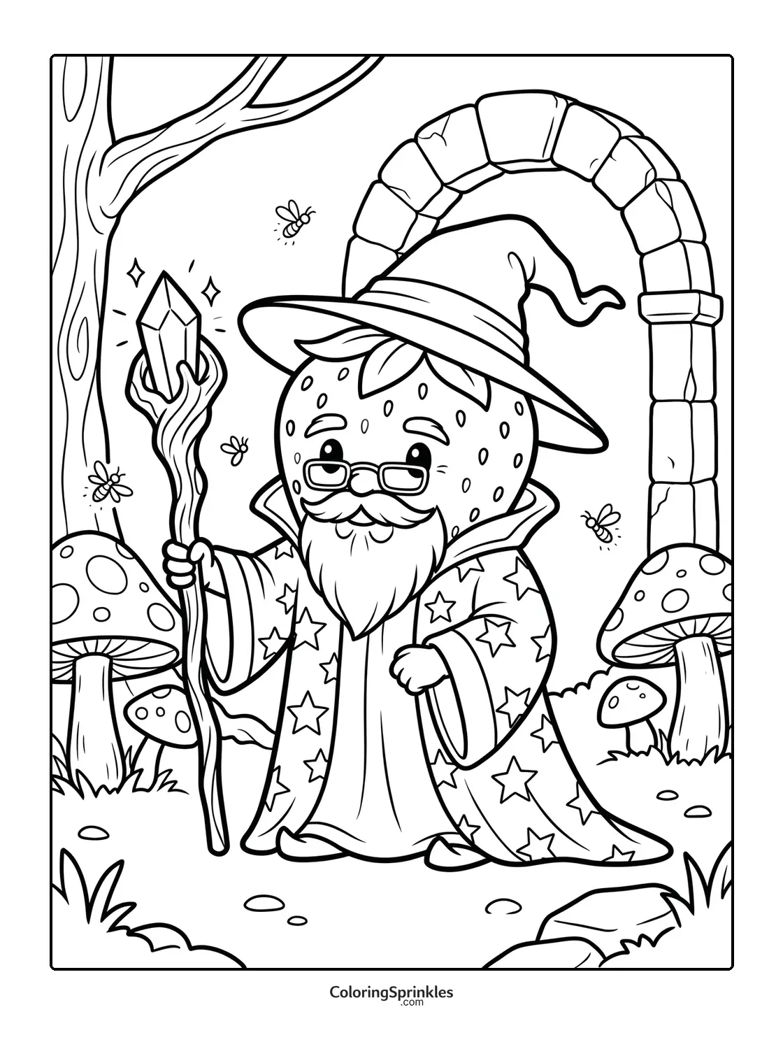Coloring page of a wizard strawberry holding a magic staff among mushrooms