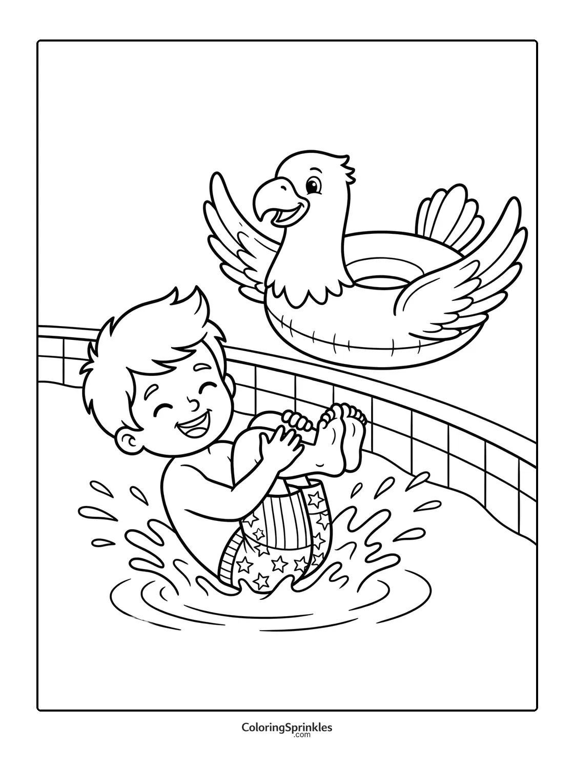 Coloring page of a boy splashing in a pool with a duck-shaped float