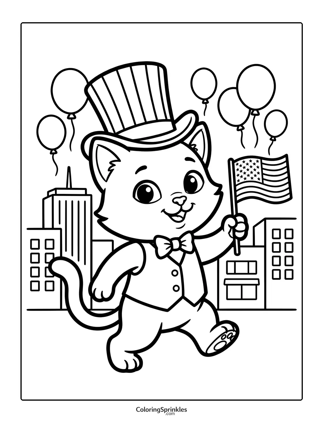 Coloring page of a cat in a parade holding an American flag with balloons