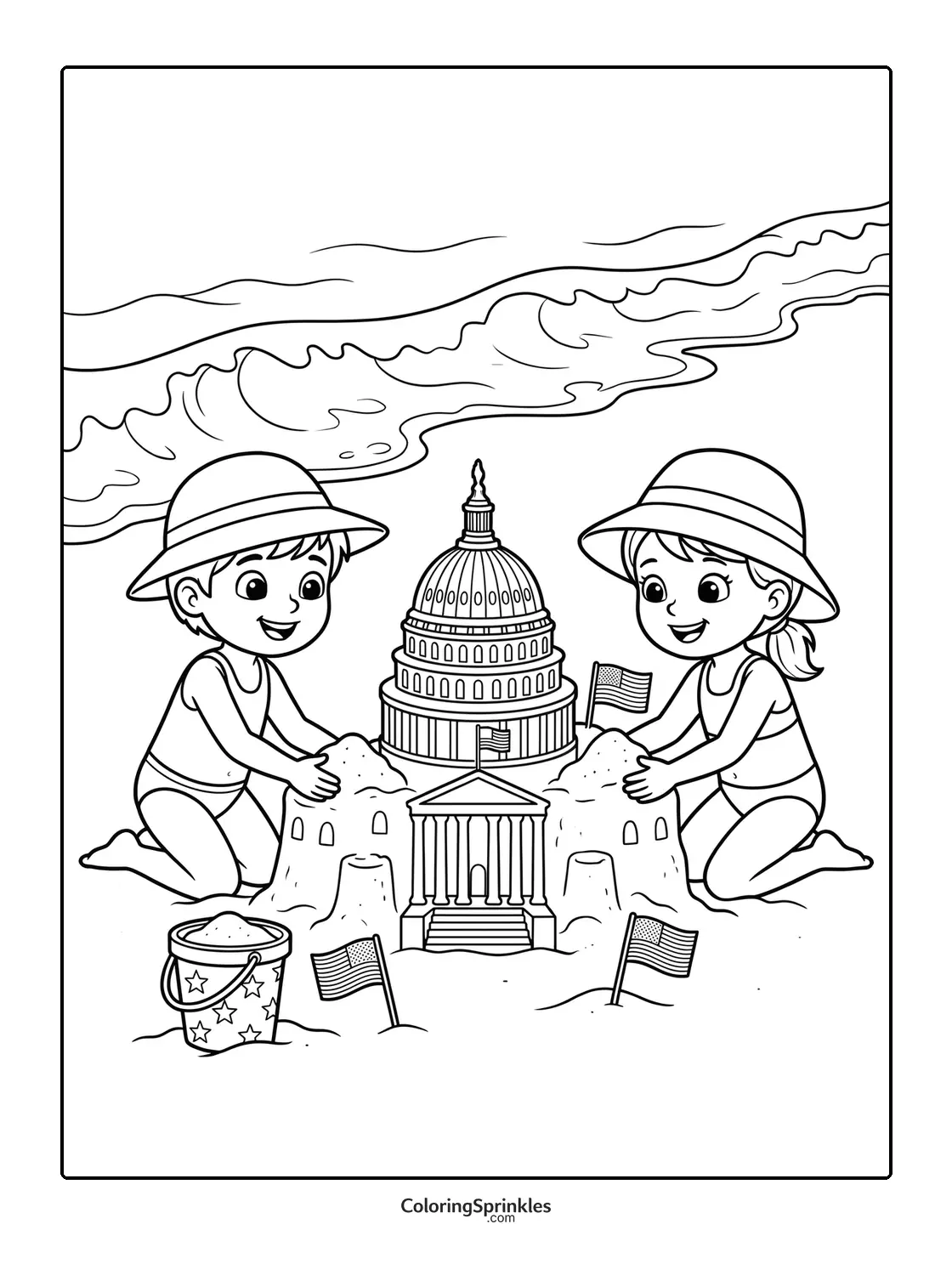 Coloring page of kids building a sandcastle of the Capitol building at the beach