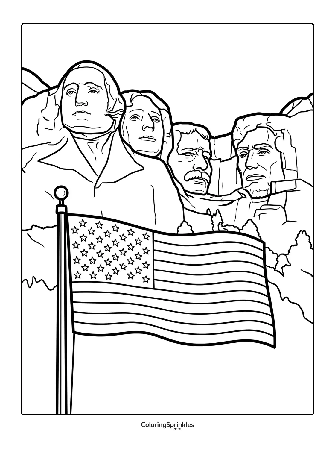 Coloring page of Mount Rushmore with a waving US flag